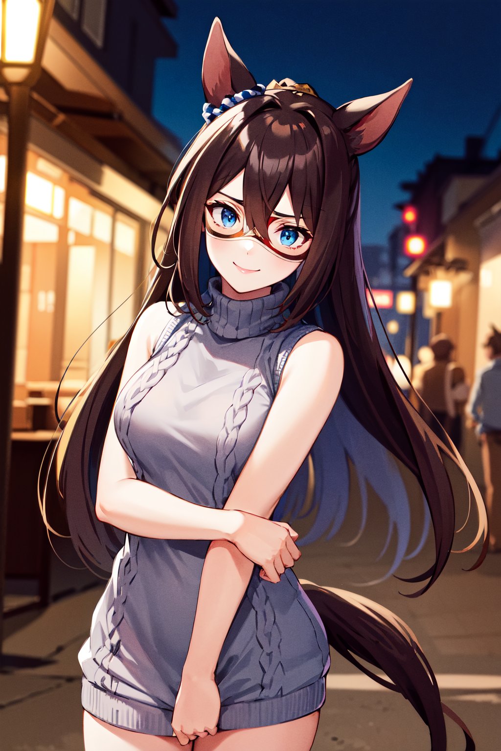 masterpiece, best quality, highres, aaelcondor, blue eyes, animal ears, hair between eyes, domino mask, horse tail, <lora:el_condor_pasa_v1:0.7>, sweater dress, sleeveless, cowboy shot, night, street, smile,