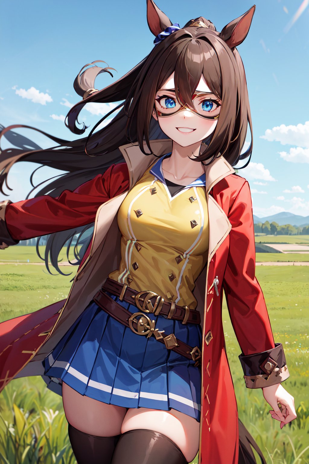 masterpiece, best quality, highres, aaelcondor, blue eyes, animal ears, hair between eyes, domino mask, horse tail, yellow shirt, red coat, belt, blue skirt, pleated skirt, thighhighs, <lora:el_condor_pasa_v1:0.7>, cowboy shot, standing, outdoors, field, straight-on,, smile