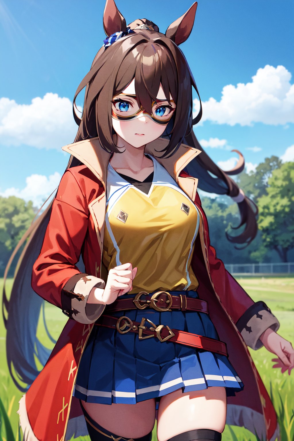 masterpiece, best quality, highres, aaelcondor, blue eyes, animal ears, hair between eyes, domino mask, horse tail, yellow shirt, red coat, belt, blue skirt, pleated skirt, thighhighs, <lora:el_condor_pasa_v1:0.7>, cowboy shot, standing, outdoors, field, straight-on,