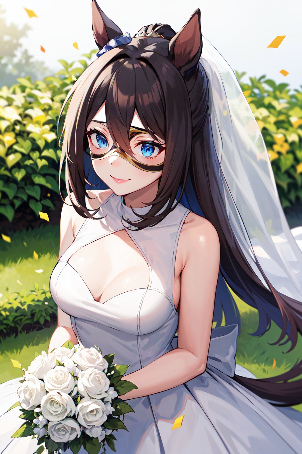 masterpiece, best quality, highres, aaelcondor, blue eyes, animal ears, hair between eyes, domino mask, horse tail, <lora:el_condor_pasa_v1:0.7>, white dress, wedding dress, garden, confetti, smile,