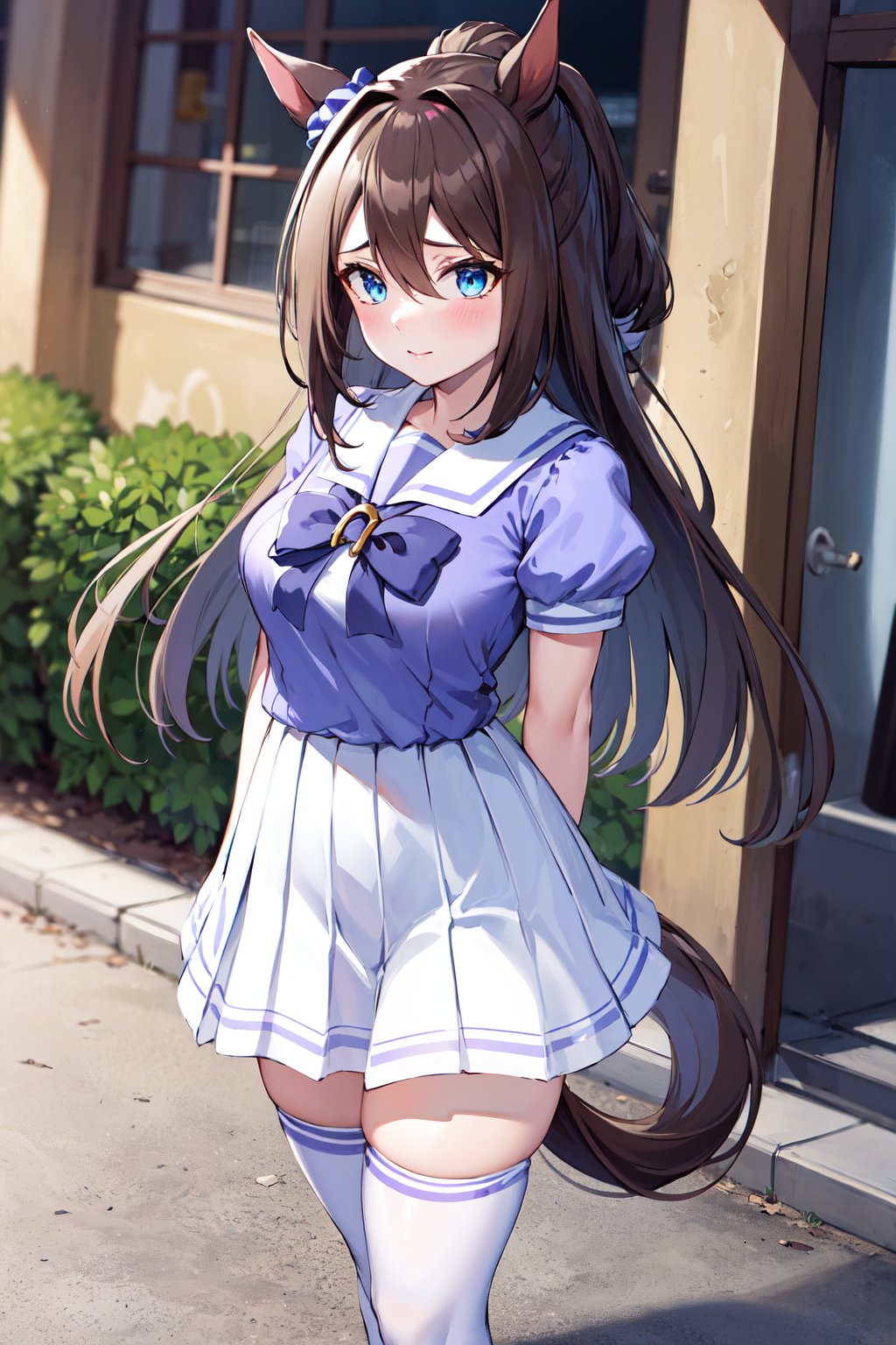 masterpiece, best quality, highres, aaelcondor, blue eyes, animal ears, hair between eyes, horse tail, school uniform, sailor collar, bowtie, sailor shirt, purple shirt, puffy sleeves, short sleeves, white skirt, white thighhighs, <lora:el_condor_pasa_v1:0.7>, standing, cowboy shot, street, arms behind back,