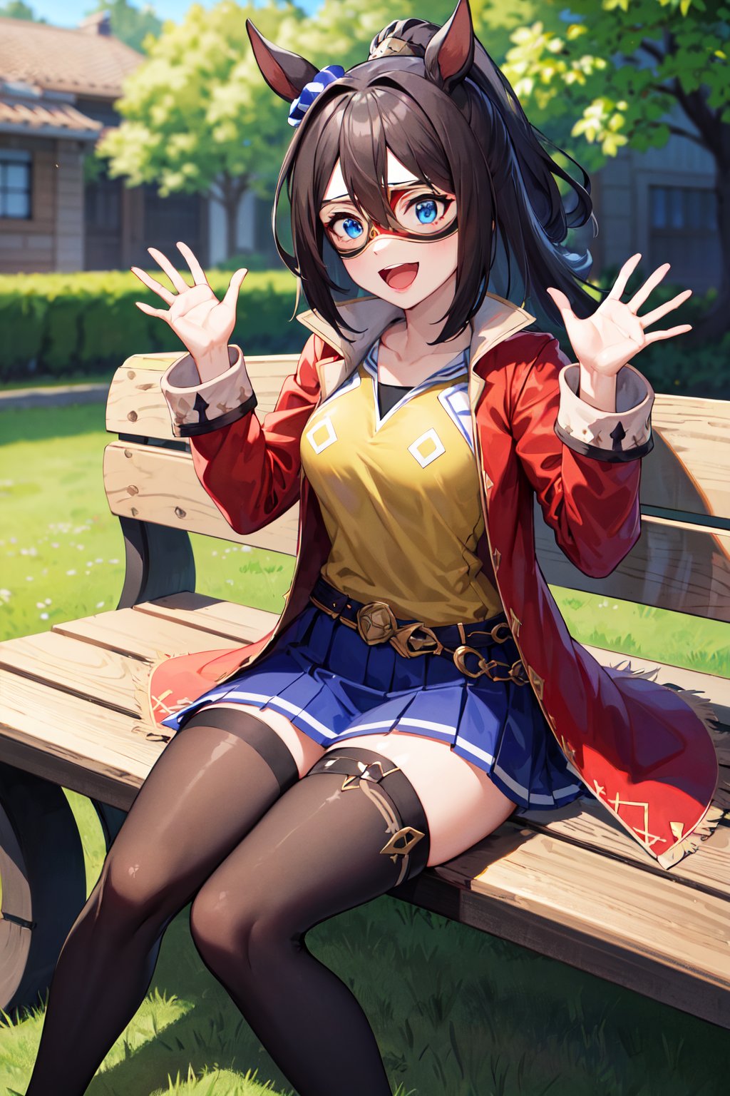 masterpiece, best quality, highres, aaelcondor, blue eyes, animal ears, hair between eyes, domino mask, horse tail, yellow shirt, red coat, belt, blue skirt, pleated skirt, thighhighs, <lora:el_condor_pasa_v1:0.7>, bench, sitting, waving, outdoors, smile, open mouth,