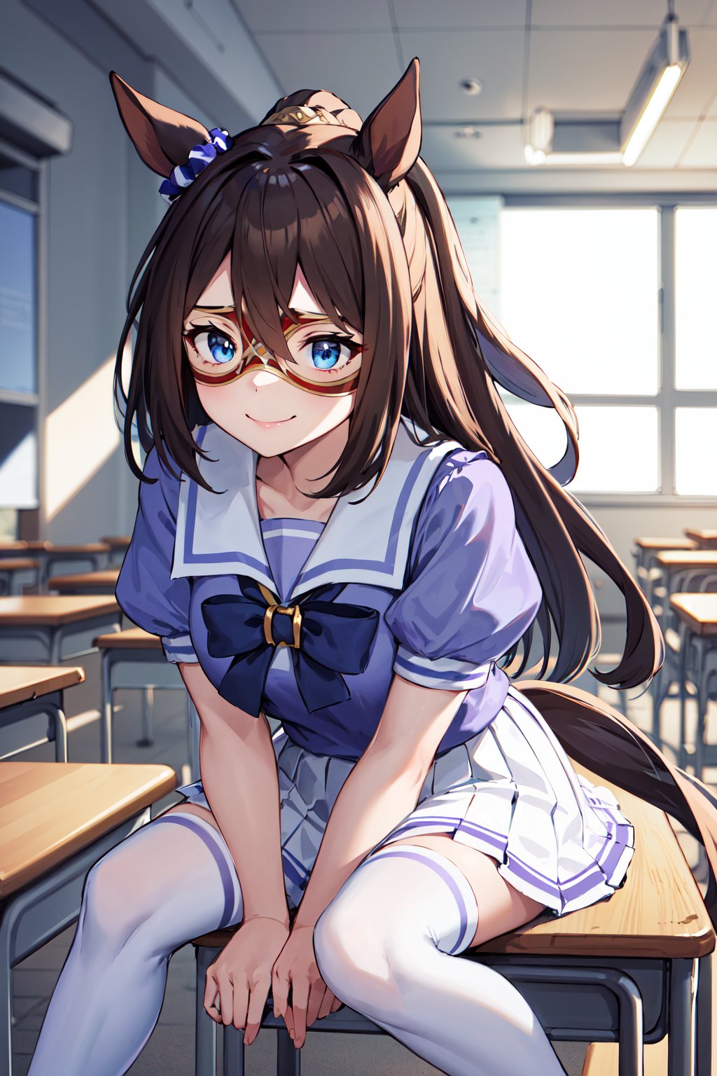 masterpiece, best quality, highres, aaelcondor, blue eyes, animal ears, hair between eyes, domino mask, horse tail, school uniform, sailor collar, bowtie, sailor shirt, purple shirt, puffy sleeves, short sleeves, white skirt, white thighhighs, <lora:el_condor_pasa_v1:0.7>, indoors, classroom, sitting, smile