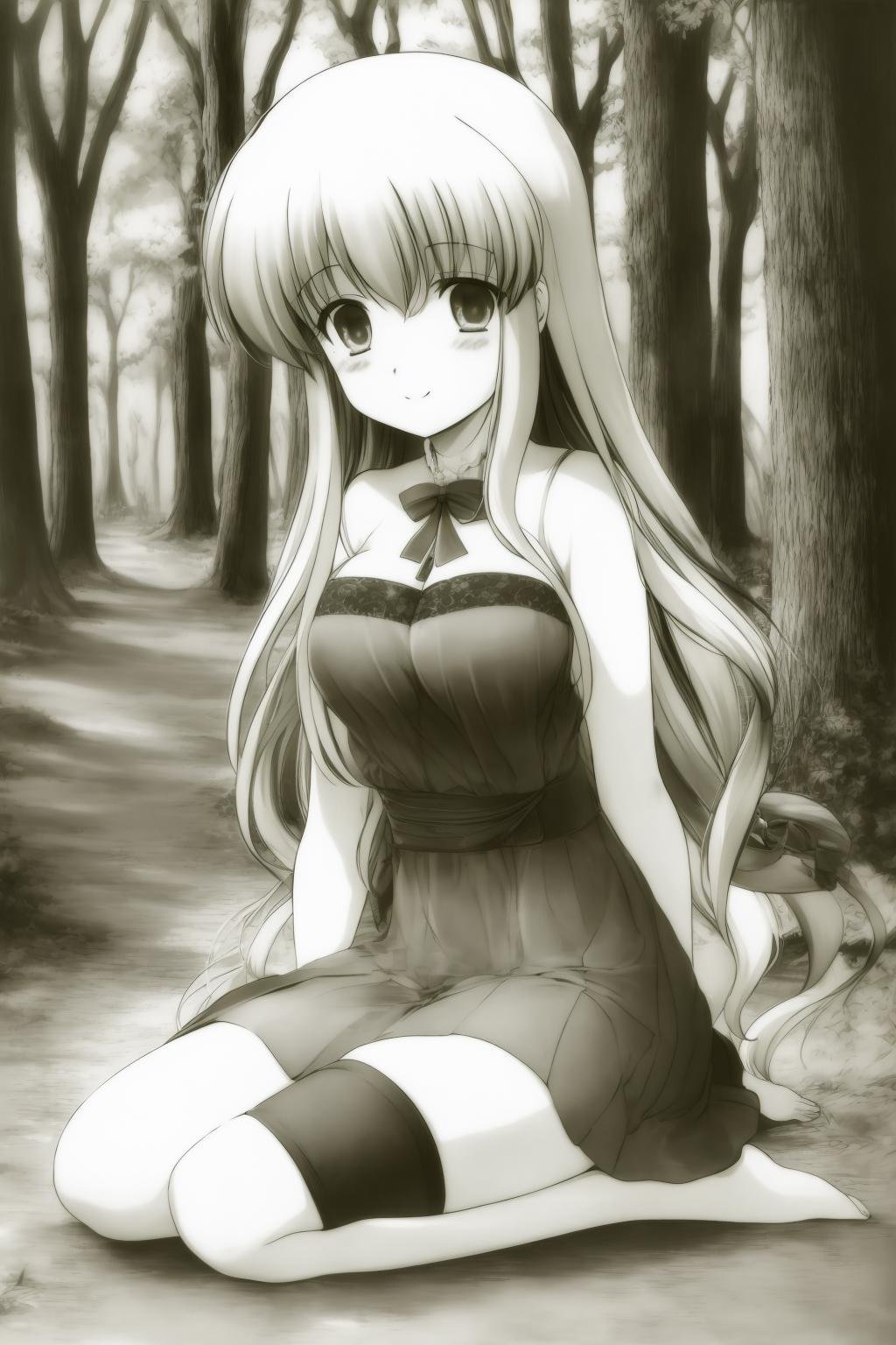 teruokakuta, 2girls, multiple_girls, large_breasts, looking_at_viewer, smile, long_hair, sitting, outdoor, forest, monochrome