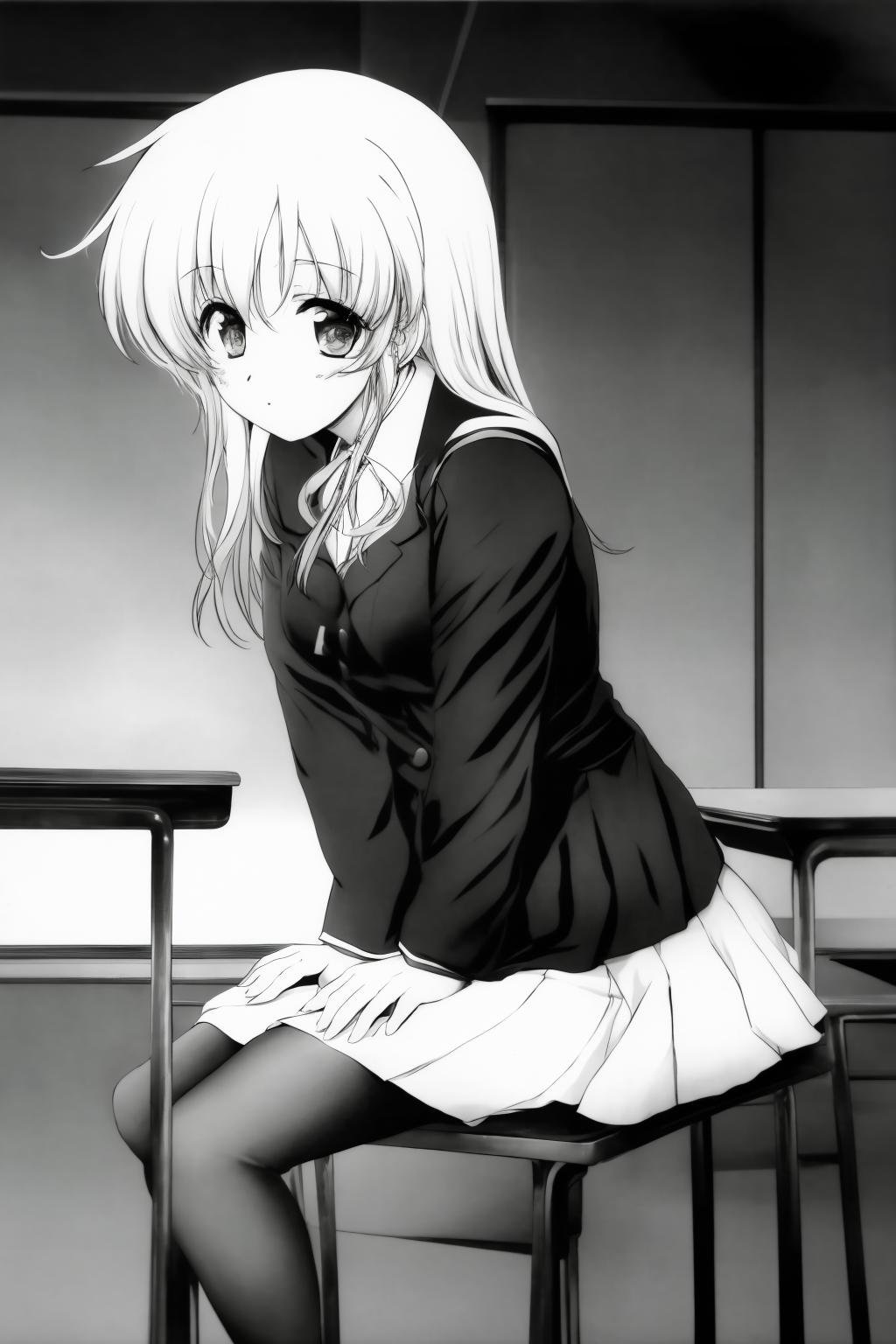 teruokakuta, monochrome, 1girl, solo, sitting, classroom, medium_breasts, school_uniform