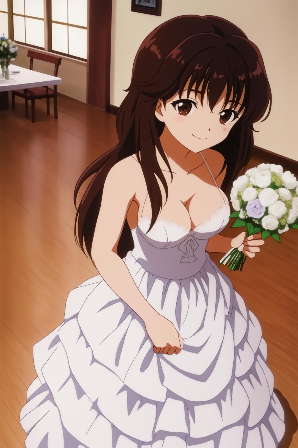 tomoko, 1girl, solo, breasts, medium_breasts, long_hair, looking_at_viewer, smile, brown_hair, brown_eyes, cleavage, standing, indoor, wedding, wedding_dress, white_dress, holding_flowers