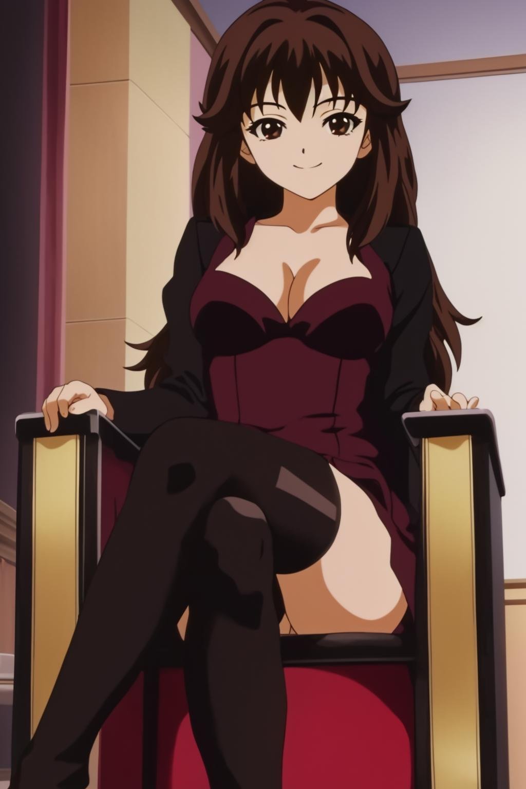 tomoko, 1girl, solo, breasts, medium_breasts, long_hair, looking_at_viewer, smile, brown_hair, brown_eyes, cleavage, sitting, indoor, throne, black_dress, crossed_legs, from_below, black_stockings