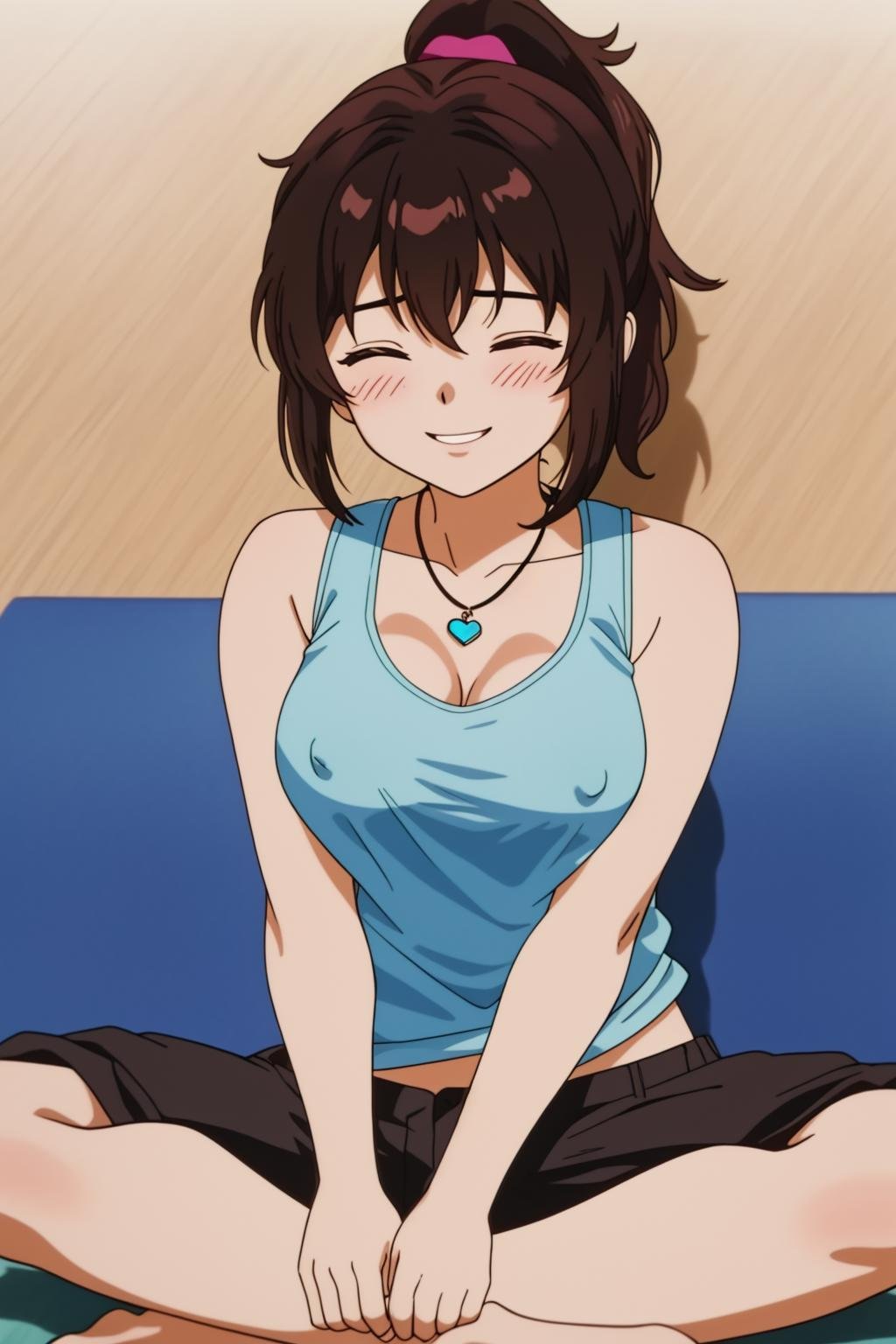 tomoko, 1girl, solo, breasts, blush, smile, short_hair, open_mouth, bangs, brown_hair, shirt, black_hair, cleavage, bare_shoulders, jewelry, medium_breasts, sitting, collarbone, closed_eyes, ponytail, pants, necklace, covered_nipples, tank_top, facing_viewer, heart_necklace, blue_tank_top