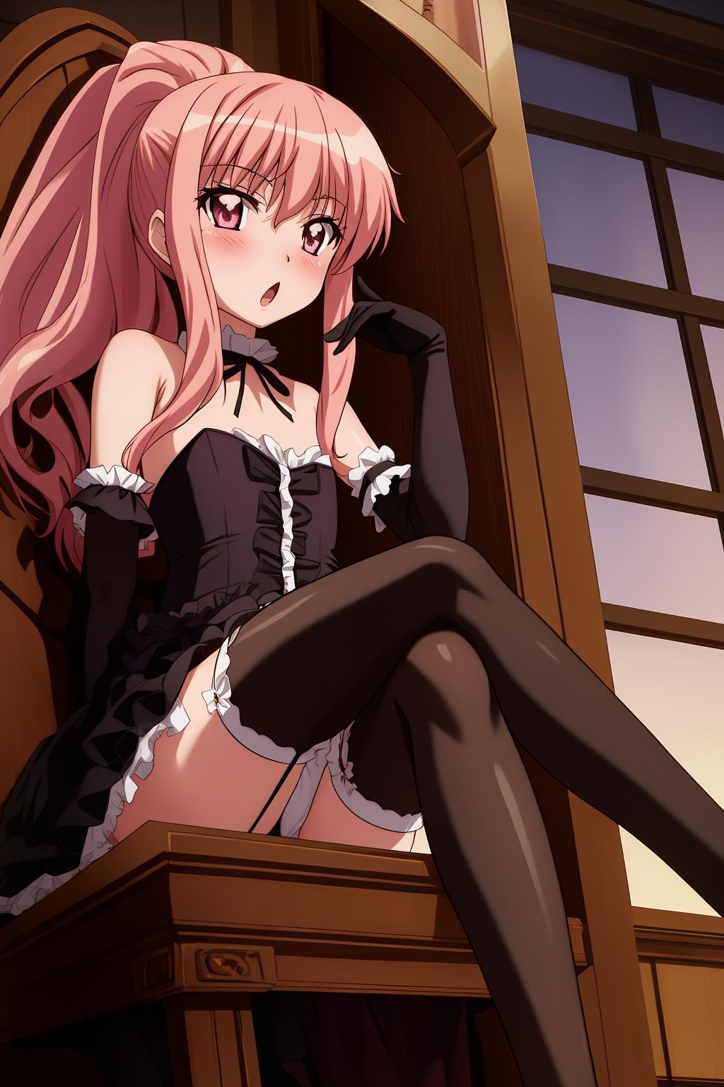 louise, 1girl, solo, long_hair, looking_at_viewer, blush, open_mouth, thighhighs, gloves, dress, bare_shoulders, sitting, ponytail, pink_hair, frills, detached_sleeves, choker, elbow_gloves, black_thighhighs, indoors, pink_eyes, :o, black_dress, flat_chest, zettai_ryouiki, legs, dutch_angle, strapless, throne, from_below, crossed_legs, long_legs, bridal_garter, frilled_thighhighs, dominatrix