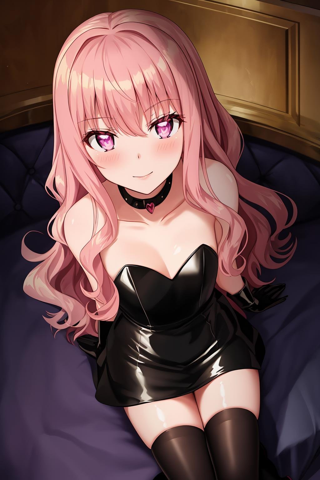 louise, 1girl, solo, long_hair, breasts, looking_at_viewer, blush, closed_mouth, smirk, thighhighs, gloves, sitting, indoor, dress, bare_shoulders, sitting, purple_eyes, collarbone, pink_hair, small_breasts, black_gloves, elbow_gloves, black_thighhighs, pink_eyes, black_dress, high_heels, collar, strapless, (from_above:1.2), wavy_hair, looking_up strapless_dress, latex, leaning_forward, sitting_on_bed, glowing_eyes, glowing