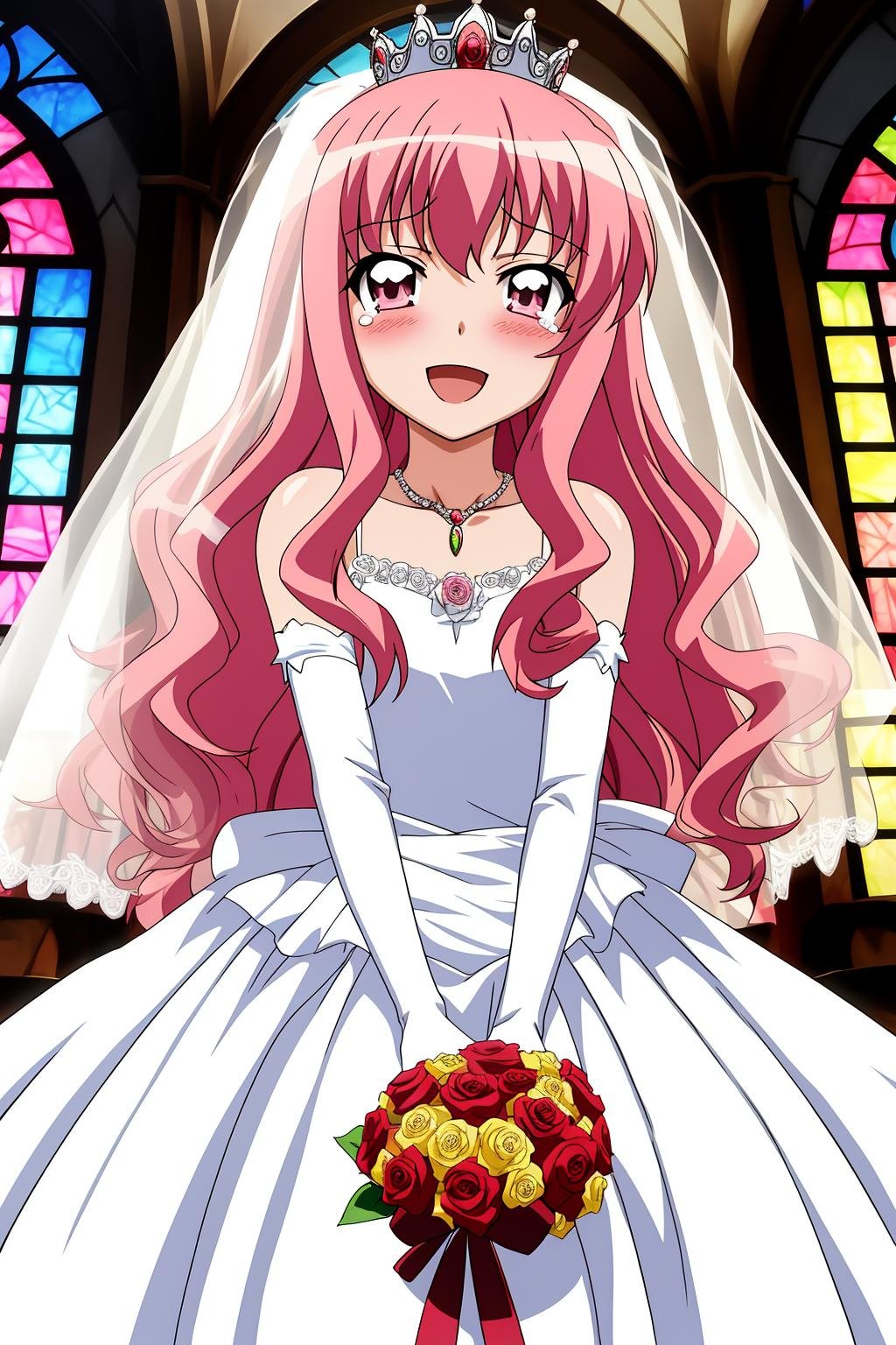 louise, 1girl, solo, long_hair, looking_at_viewer, blush, smile, open_mouth, gloves, dress, bare_shoulders, jewelry, pink_hair, flower, :d, elbow_gloves, tears, white_gloves, pink_eyes, necklace, white_dress, flat_chest, rose, tiara, crown, red_flower, veil, red_rose, bouquet, wedding_dress, yellow_flower, bridal_veil, bride, yellow_rose, stained_glass, wedding