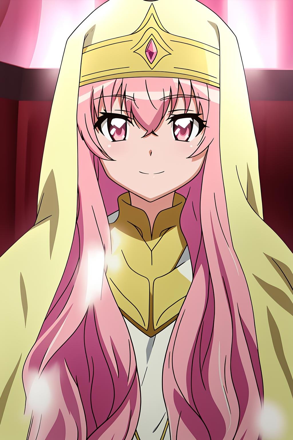 louise, 1girl, solo, long_hair, looking_at_viewer, smile, hair_between_eyes, closed_mouth, upper_body, pink_hair, pink_eyes, cosplay, night, parody, light_smile, veil, close-up, robe, nun, habit, voice_actor_connection, anime_coloring