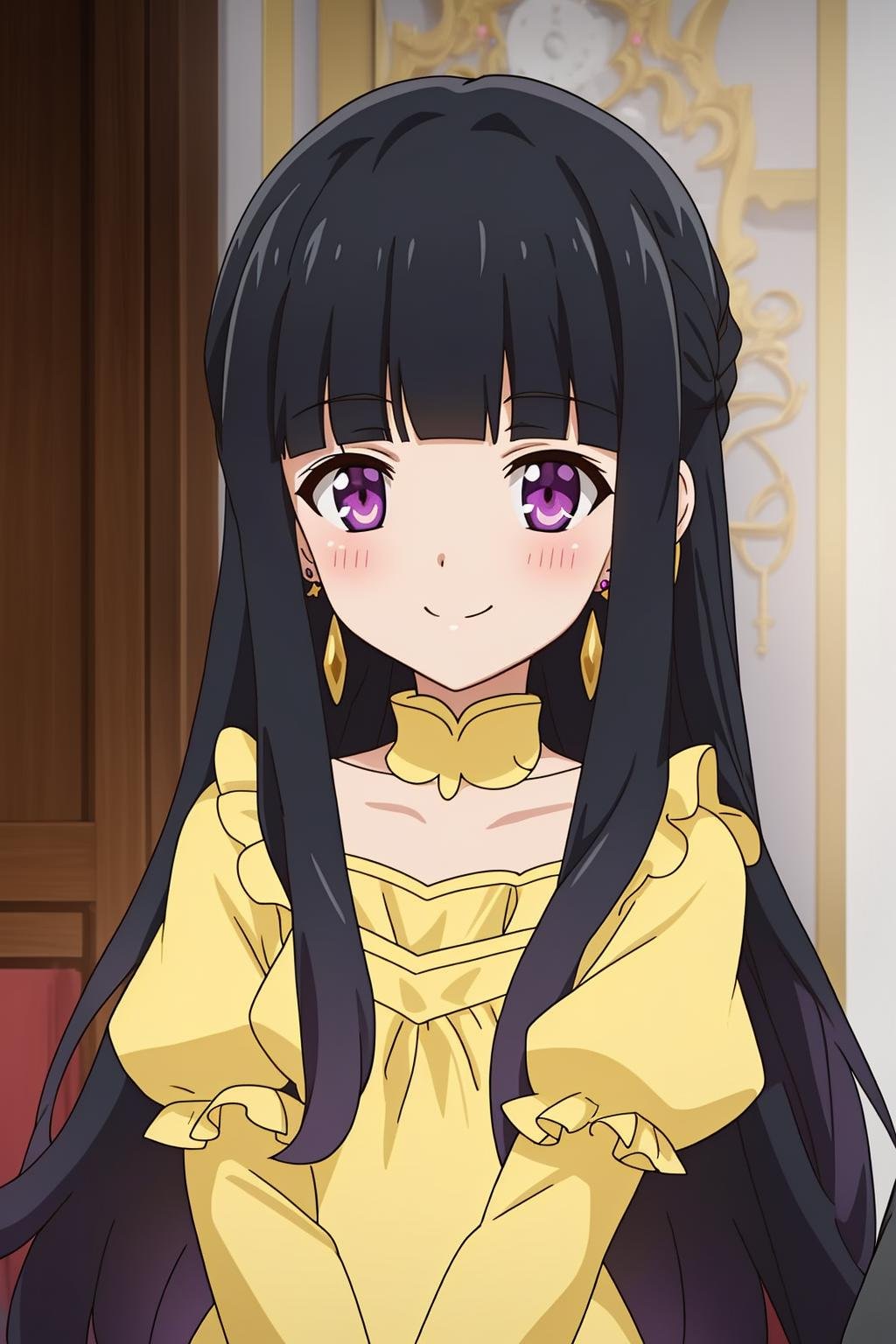licorice, 1girl, solo, long_hair, looking_at_viewer, blush, smile, bangs, indoor, black_hair, long_sleeves, dress, jewelry, closed_mouth, purple_eyes, upper_body, earrings, puffy_sleeves, blunt_bangs,yellow_dress
