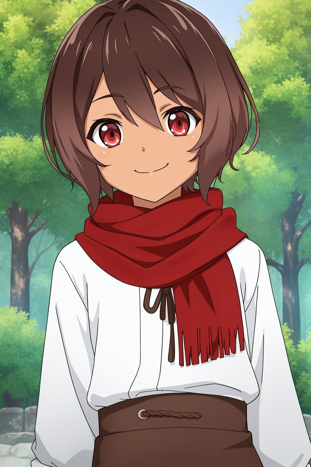 luminito, 1girl, solo, looking_at_viewer, smile, short_hair, bangs, brown_hair, shirt, red_eyes, long_sleeves, closed_mouth, standing, white_shirt, upper_body, outdoors, japanese_clothes, day, dark_skin, scarf, dark-skinned_female, tree, hand_on_hip, nature, forest, red_scarf