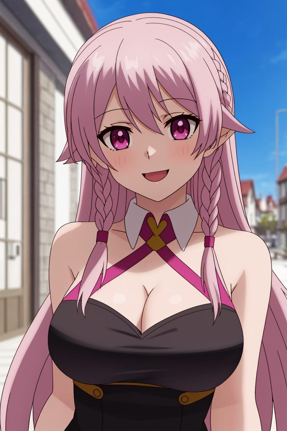 luna, anime, 1girl, solo, long_hair, breasts, looking_at_viewer, smile, open_mouth, cleavage, medium_breasts, purple_eyes, upper_body, pink_hair, braid, :d, outdoors, pink_eyes, blurry, clothing_cutout, cleavage_cutout, side_braid