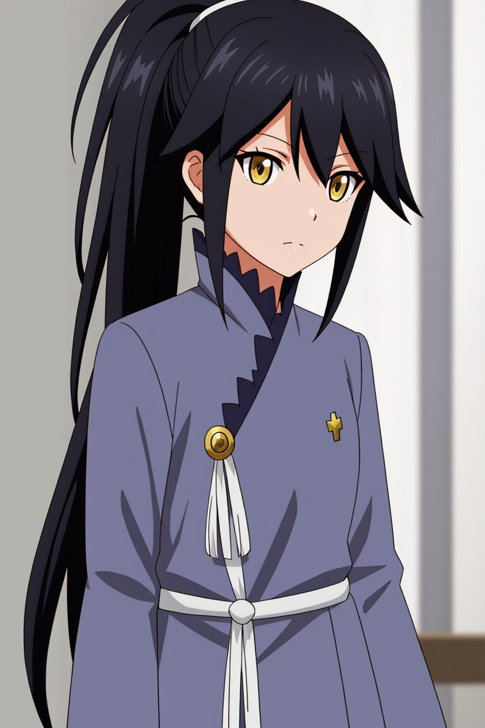 amane, anime, 1girl, solo, long_hair, looking_at_viewer, bangs, black_hair, long_sleeves, brown_eyes, closed_mouth, yellow_eyes, upper_body, ponytail, high_ponytail