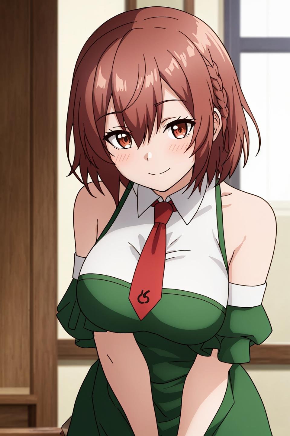 lola, anime, 1girl, solo, breasts, smile, short_hair, bangs, brown_hair, dress, bare_shoulders, closed_mouth, collarbone, closed_eyes, hair_ribbon, braid, detached_sleeves, necktie, sleeveless, puffy_sleeves, apron, ^_^, own_hands_together, red_necktie, waist_apron, white_apron, facing_viewer, green_sleeves