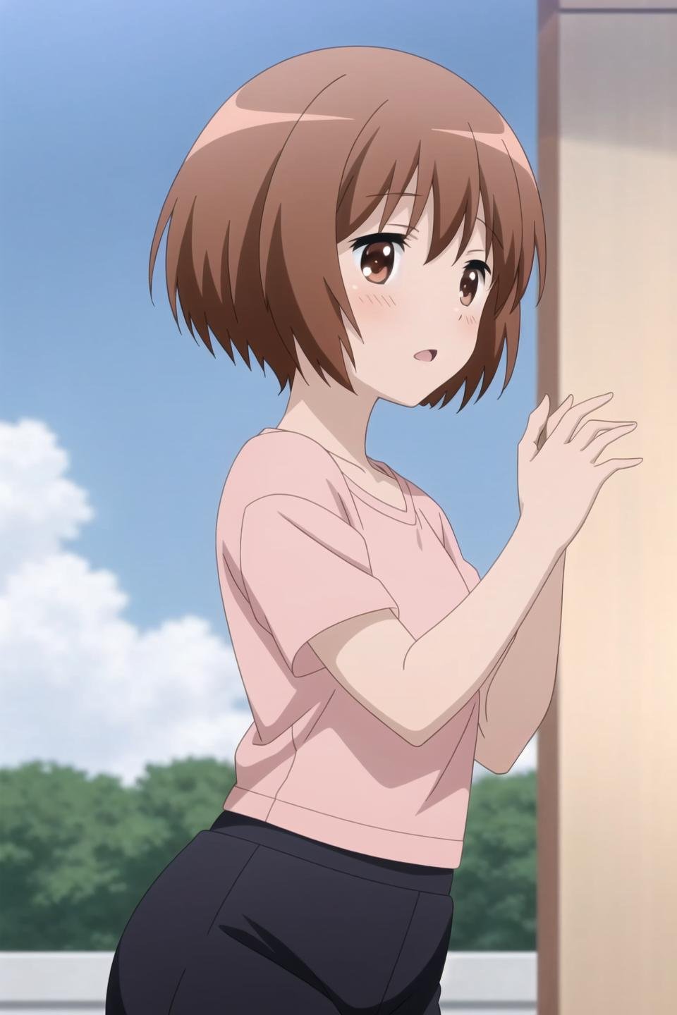 haruka, anime art style, 1girl, solo, looking_at_viewer, blush, short_hair, brown_hair, shirt, hair_ornament, brown_eyes, white_shirt, sky, day, hairclip, cloud, t-shirt