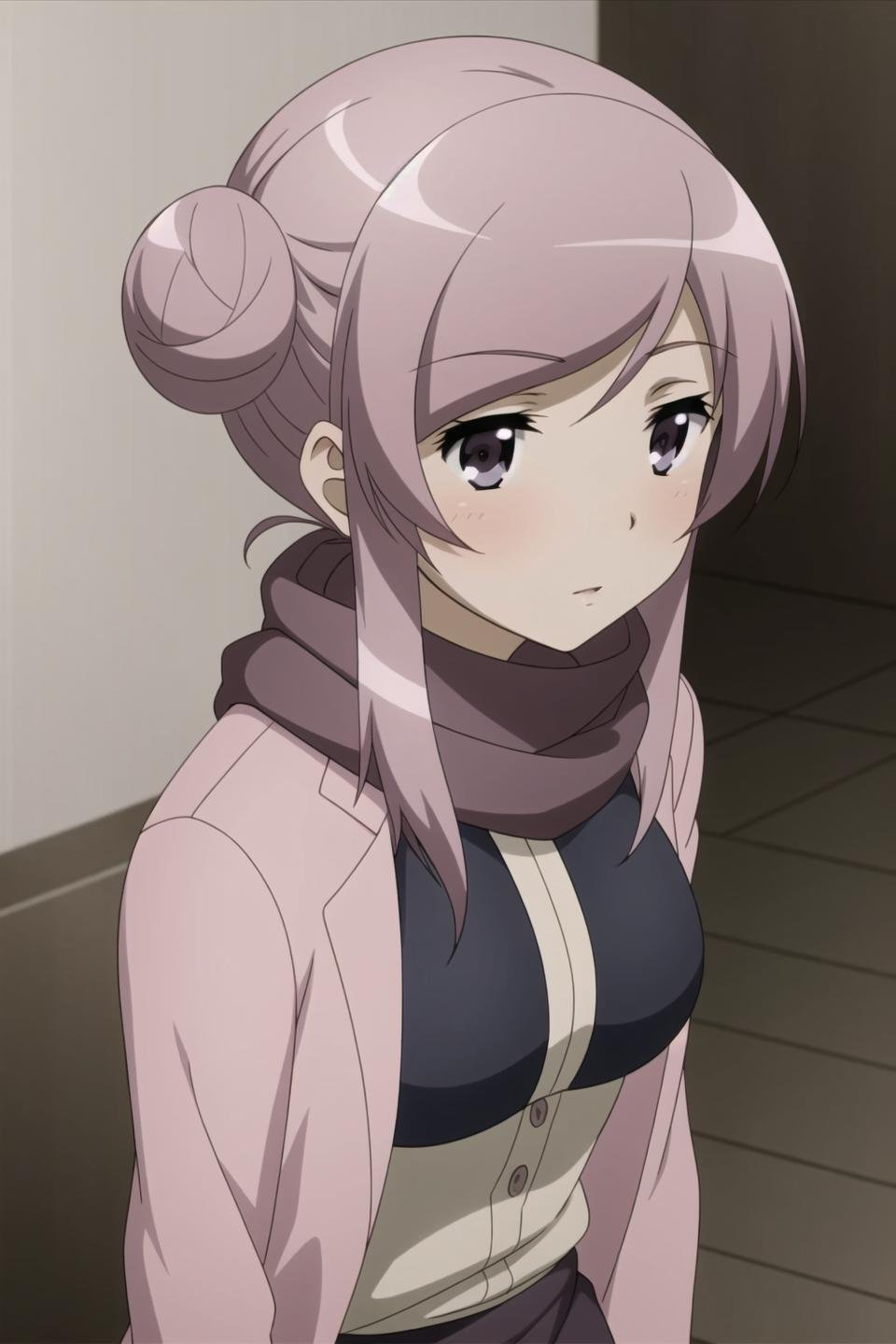 katia, anime art style, 1girl, solo, sitting, pink_hair, sidelocks, hair_bun, scarf, grey_eyes, double_bun