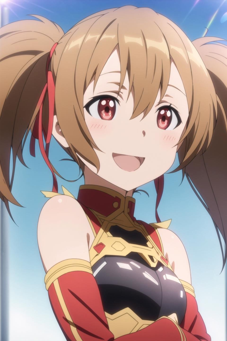 silica, anime art style, 1girl, solo, smile, short_hair, open_mouth, brown_hair, red_eyes, ribbon, hair_between_eyes, bare_shoulders, twintails, hair_ribbon, upper_body, :d, armor, short_twintails, breastplate, red_sleeves