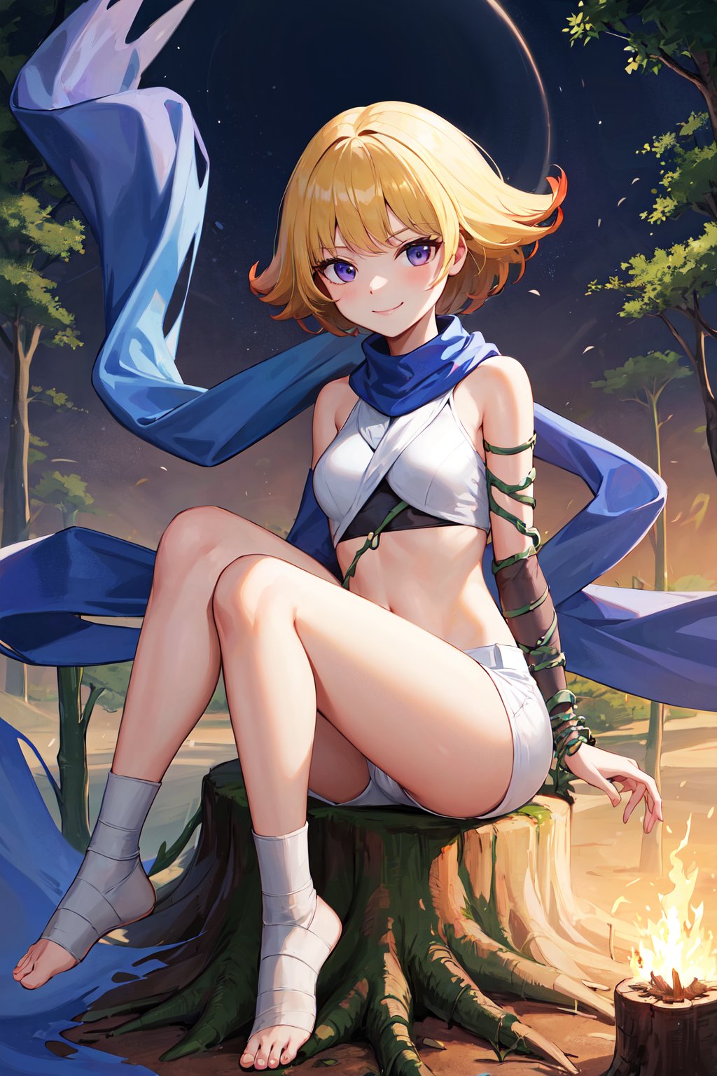 masterpiece, best quality, highres, aaphos, short hair, multicolored hair, blue scarf, bare shoulders, crop top, white shirt,  midriff, vines, white shorts, short shorts, <lora:phosphora_v1:0.7>, sitting, tree stump, smile, forest