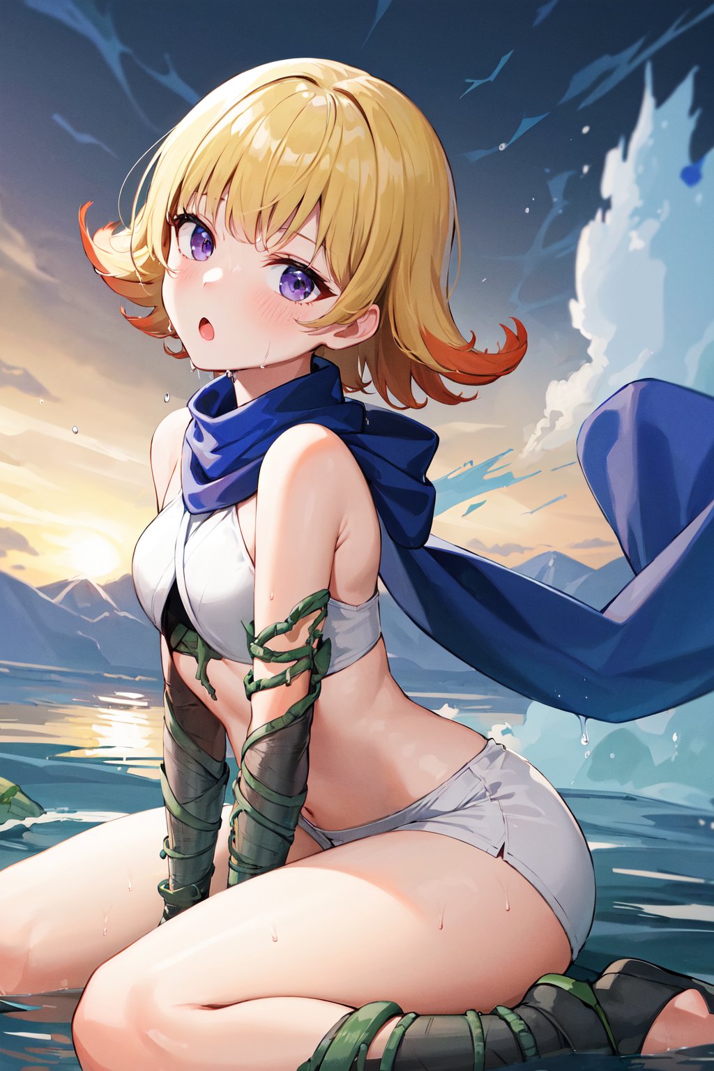 masterpiece, best quality, highres, aaphos, short hair, multicolored hair, blue scarf, bare shoulders, crop top, white shirt,  midriff, vines, white shorts, short shorts, <lora:phosphora_v1:0.7>, :o. wariza, water, wet, sitting