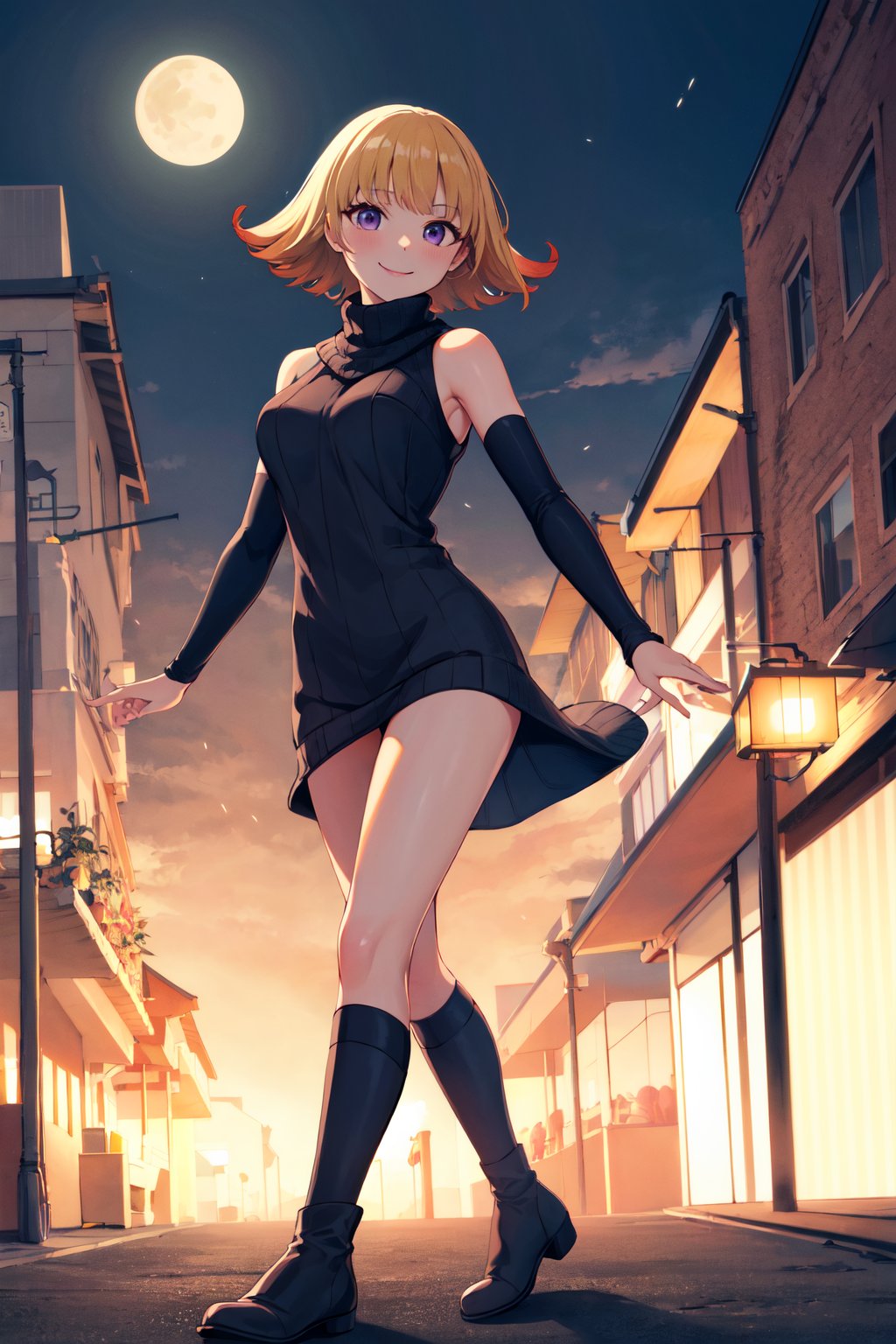 masterpiece, best quality, highres, aaphos, short hair, multicolored hair, <lora:phosphora_v1:0.7>, sweater dress, sleeveless, turtleneck, night, street, outdoors, smile, boots, walking