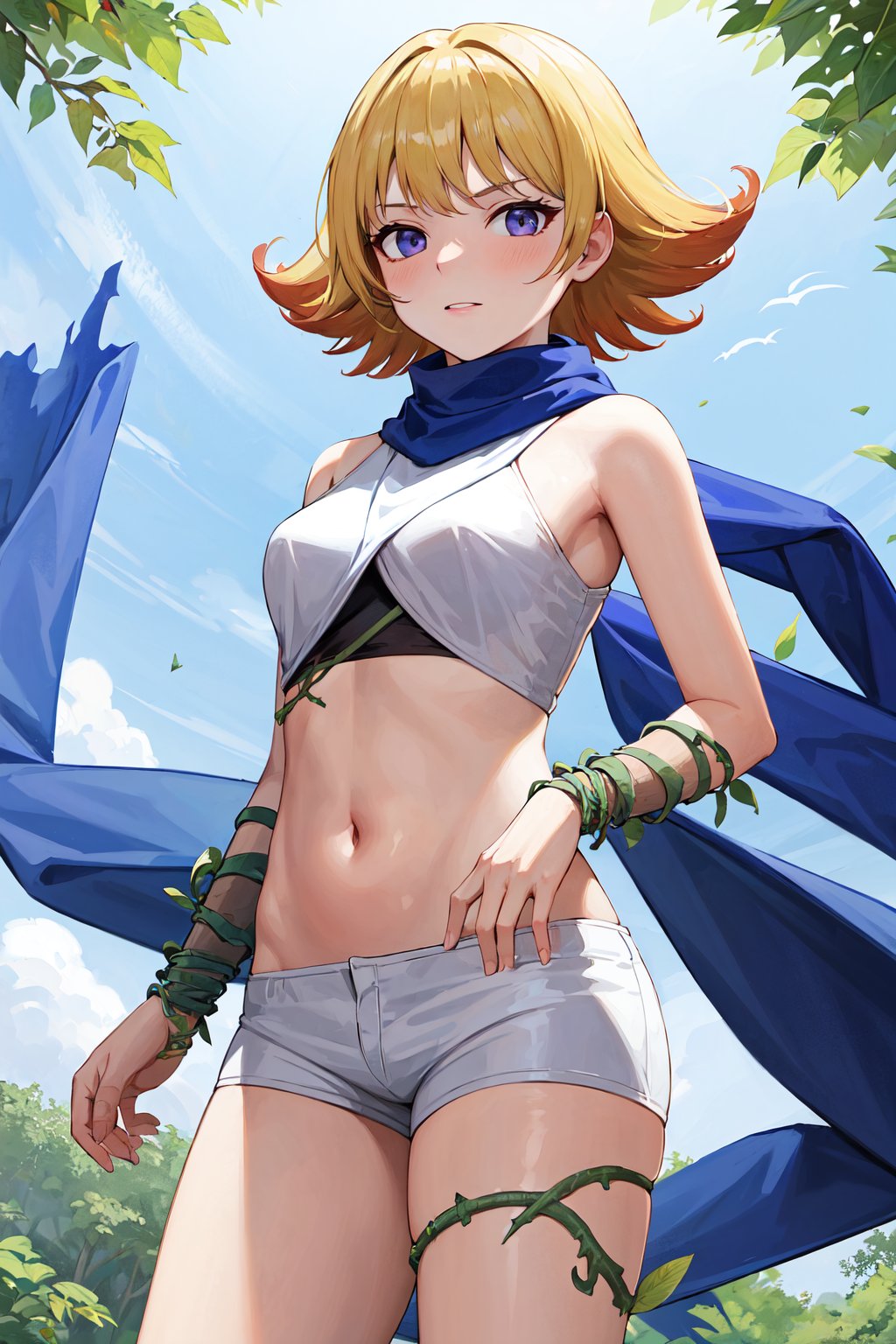 masterpiece, best quality, highres, aaphos, short hair, multicolored hair, blue scarf, bare shoulders, crop top, white shirt,  midriff, vines, white shorts, short shorts, <lora:phosphora_v1:0.7>, standing, cowboy shot, outdoors