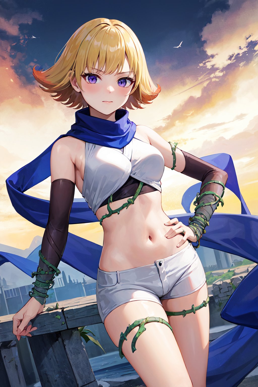 masterpiece, best quality, highres, aaphos, short hair, multicolored hair, blue scarf, bare shoulders, crop top, white shirt,  midriff, vines, white shorts, short shorts, <lora:phosphora_v1:0.7>, hand on hip,  standing, cowboy shot, castle