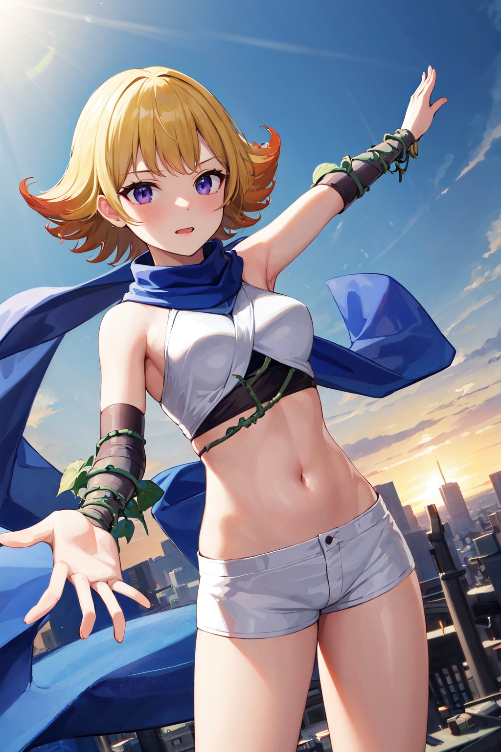 masterpiece, best quality, highres, aaphos, short hair, multicolored hair, blue scarf, bare shoulders, crop top, white shirt,  midriff, vines, white shorts, short shorts, <lora:phosphora_v1:0.7>, rooptop, city, blue sky, outstretched arms, standing