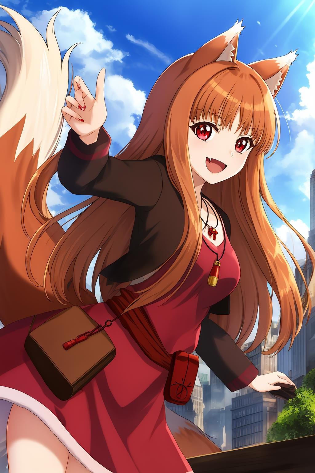 holo, 1girl, solo, long_hair, breasts, looking_at_viewer, smile, open_mouth, brown_hair, red_eyes, dress, animal_ears, jewelry, very_long_hair, tail, :d, sky, day, fang, looking_back, cloud, necklace, wolf_ears, foreshortening, wolf_tail, pouch, city, wolf_girl