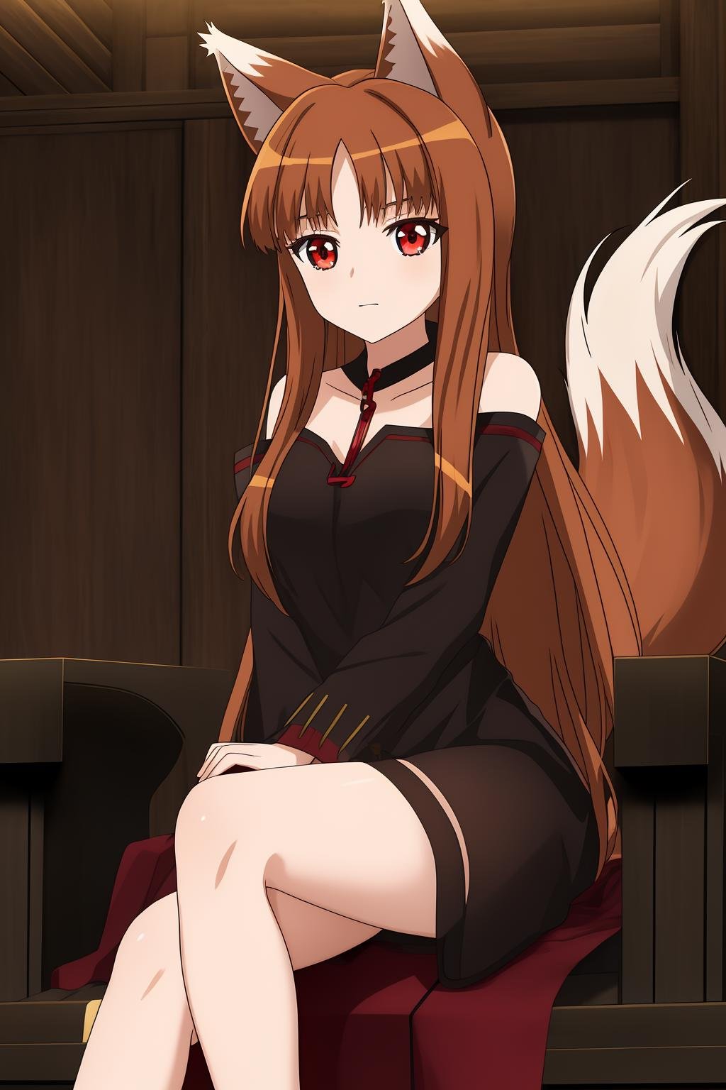 holo, 1girl, solo, long_hair, breasts, brown_hair, red_eyes, animal_ears, brown_eyes, medium_breasts, standing, tail, small_breasts, wolf_ears,wolf_tail, wolf_girl, sitting, throne, indoor, crossed_legs, black_dress