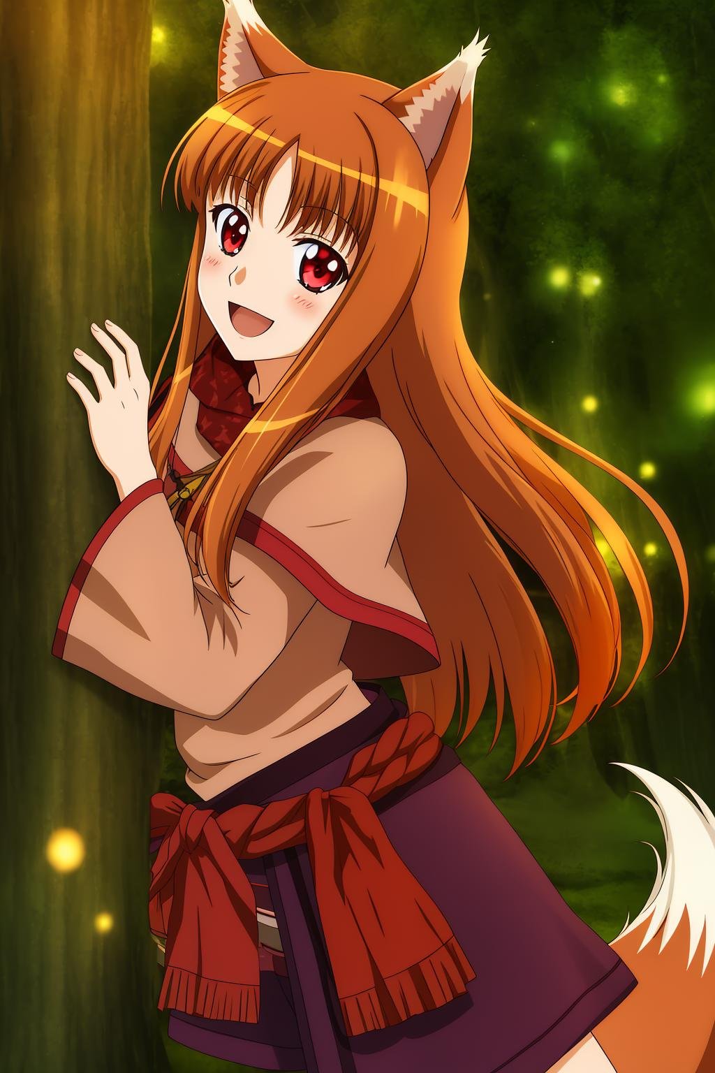 holo, 1girl, solo, long_hair, breasts, blush, smile, open_mouth, brown_hair, red_eyes, animal_ears, tail, :d, tree, hug, capelet, night, wolf_ears, nature, wolf_tail, forest, pouch, wolf_girl