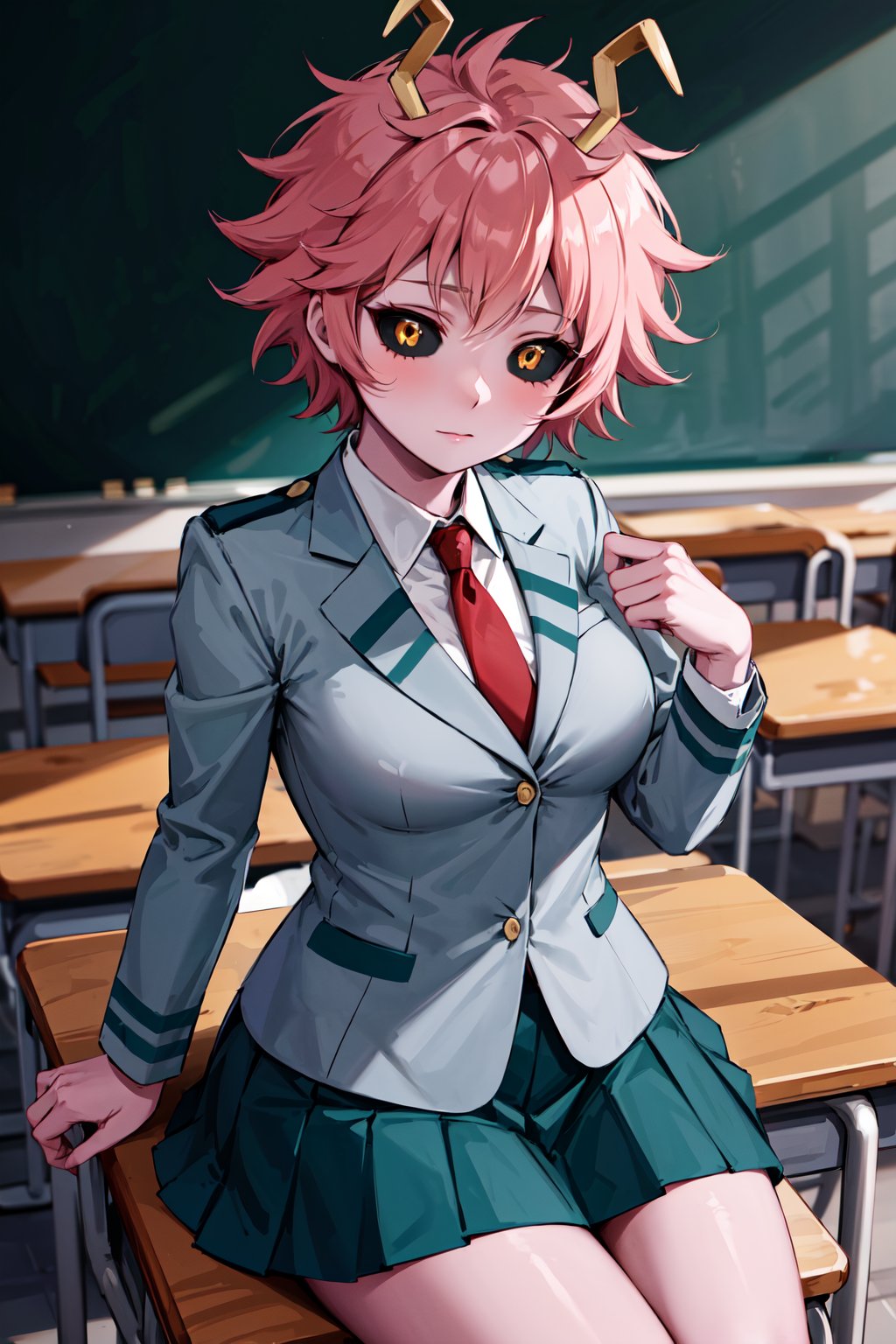 masterpiece, best quality, highres, ashidomina, short hair, horns, (colored sclera:1.1), (black sclera:1.2), pink skin, school uniform, red necktie, collared shirt, blazer, grey jacket, long sleeves, pleated skirt, green skirt, <lora:ashido_mina_v1:0.8>, <lyco:coloredSclera-000010:0.6>, classroom, sitting, desk, chair,