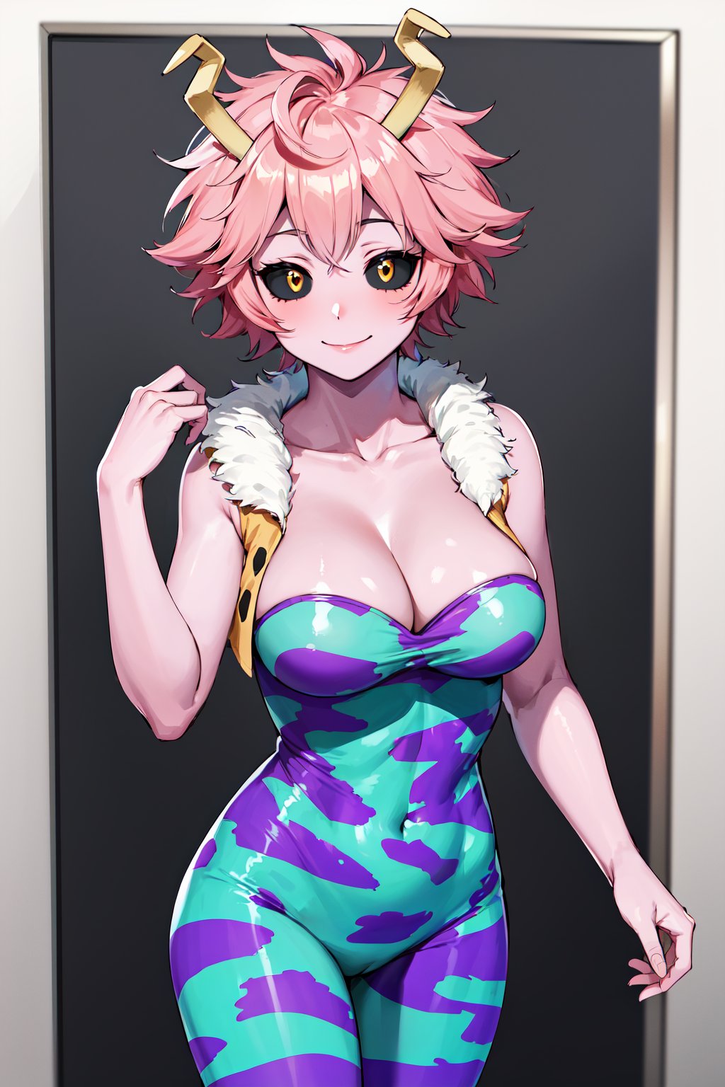 masterpiece, best quality, highres, ashidomina, short hair, horns, (colored sclera:1.1), (black sclera:1.2), pink skin, collarbone, bare shoulders, cleavage, fur trim, vest, unitard, bodysuit, <lora:ashido_mina_v1:0.8>, <lyco:coloredSclera-000010:0.6>, cowboy shot, standing, smile,