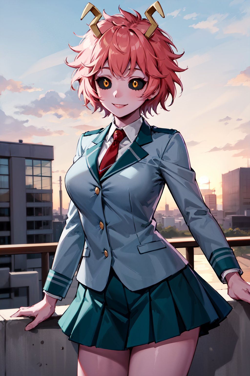 masterpiece, best quality, highres, ashidomina, short hair, horns, (colored sclera:1.1), (black sclera:1.2), pink skin, school uniform, red necktie, collared shirt, blazer, grey jacket, long sleeves, pleated skirt, green skirt, <lora:ashido_mina_v1:0.8>, <lyco:coloredSclera-000010:0.6>, smile, outdoors, standing, cowboy shot