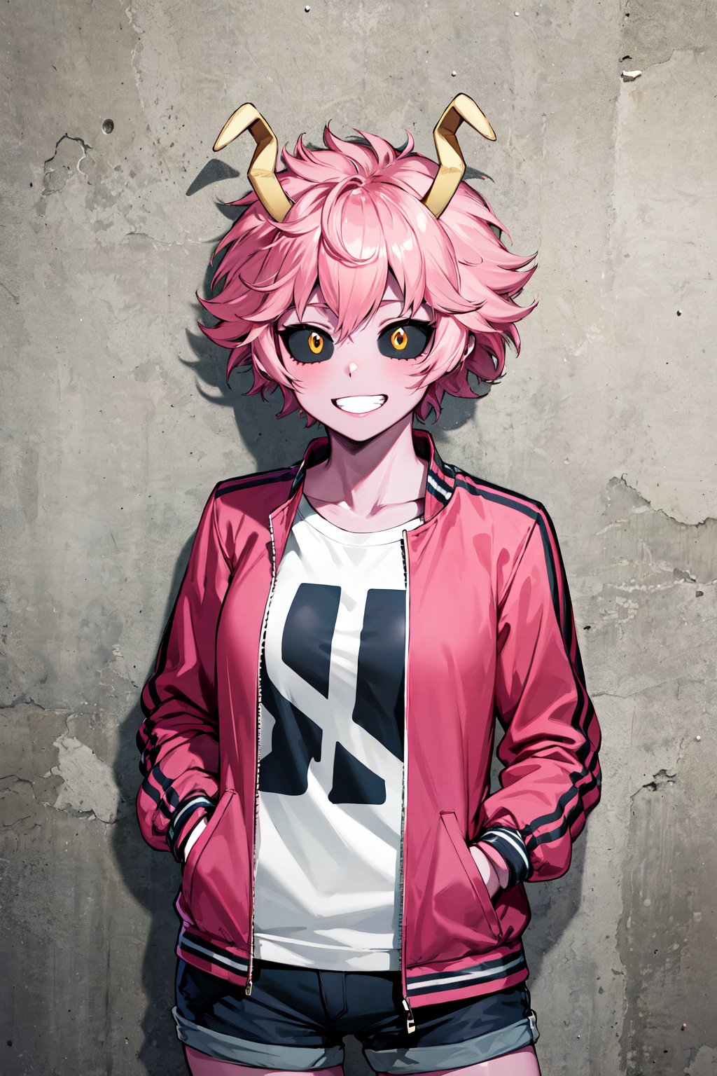 masterpiece, best quality, highres, ashidomina, short hair, horns, (colored sclera:1.1), (black sclera:1.2), pink skin, <lora:ashido_mina_v1:0.8>, <lyco:coloredSclera-000010:0.6>, t-shirt, shorts, jacket, hand in pocket, street, grin