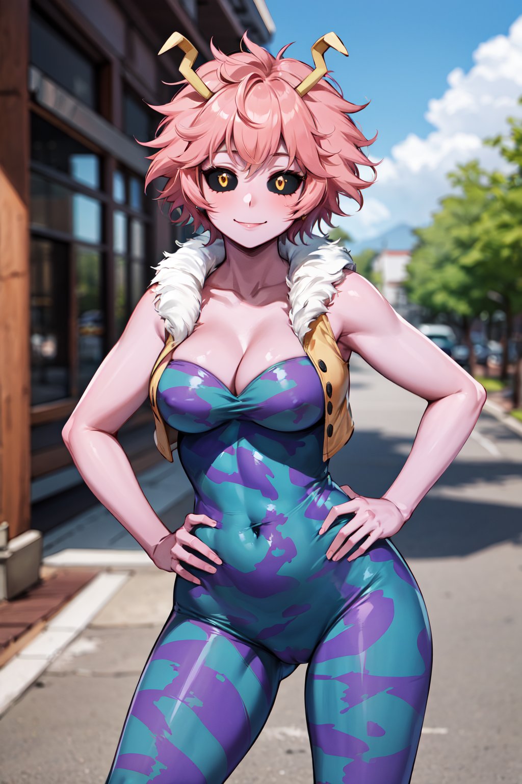 masterpiece, best quality, highres, ashidomina, short hair, horns, (colored sclera:1.1), (black sclera:1.2), pink skin, collarbone, bare shoulders, cleavage, fur trim, vest, unitard, bodysuit, <lora:ashido_mina_v1:0.8>, <lyco:coloredSclera-000010:0.6>, smile, hand on hip, outdoors, 