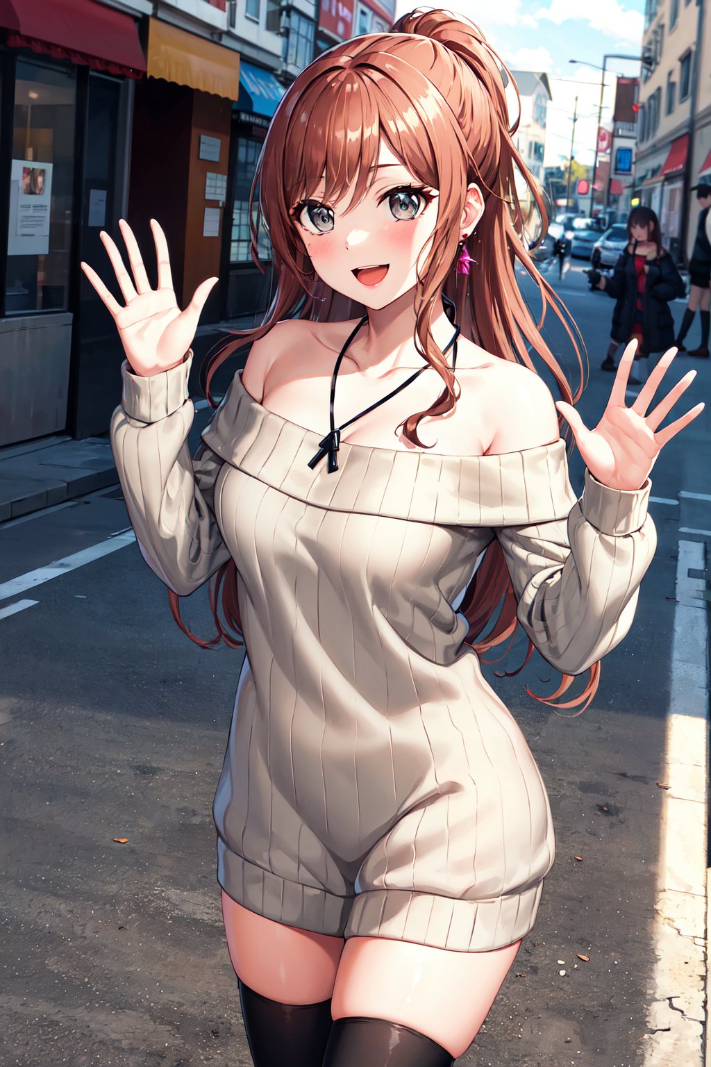 masterpiece, best quality, highres, aalisa, long hair, ponytail, grey eyes, earrings, necklace, collarbone, off shoulder, sweater dress, long sleeves, black thighhighs, <lora:imai_lisa_v1.1:0.7>, street, standing, cowboy shot, smile, waving, open mouth,