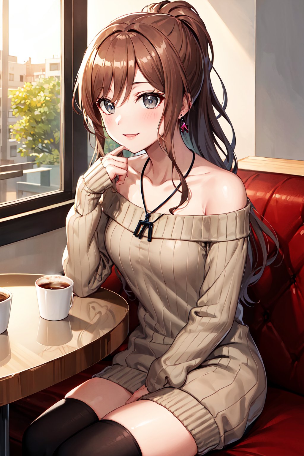 masterpiece, best quality, highres, aalisa, long hair, ponytail, grey eyes, earrings, necklace, collarbone, off shoulder, sweater dress, long sleeves, black thighhighs, <lora:imai_lisa_v1.1:0.7>,  coffee, cafe, sitting, table, window, smile