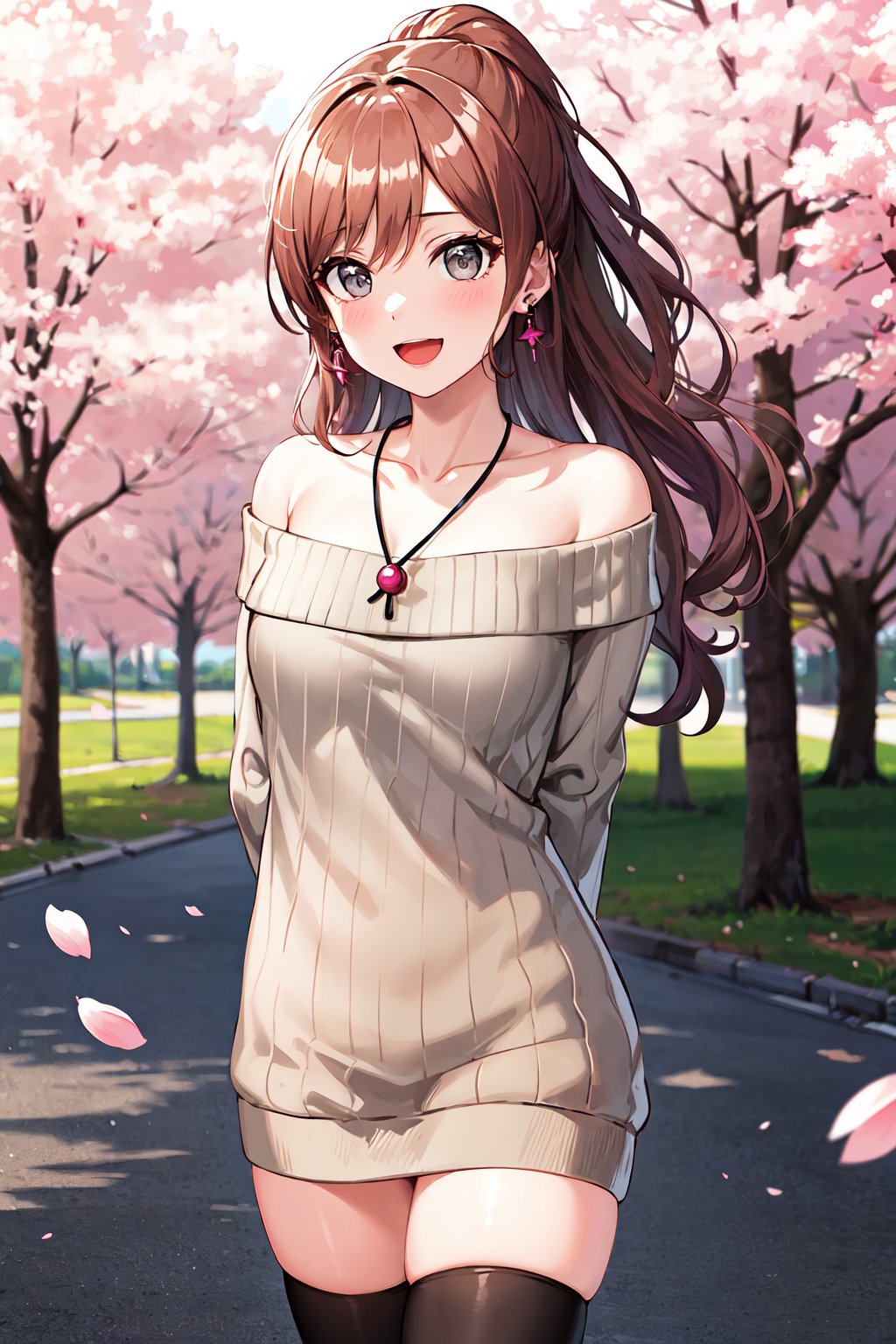 masterpiece, best quality, highres, aalisa, long hair, ponytail, grey eyes, earrings, necklace, collarbone, off shoulder, sweater dress, long sleeves, black thighhighs, <lora:imai_lisa_v1.1:0.7>, outdoors, standing, arms behind back, cherry blossoms, smile, open mouth,