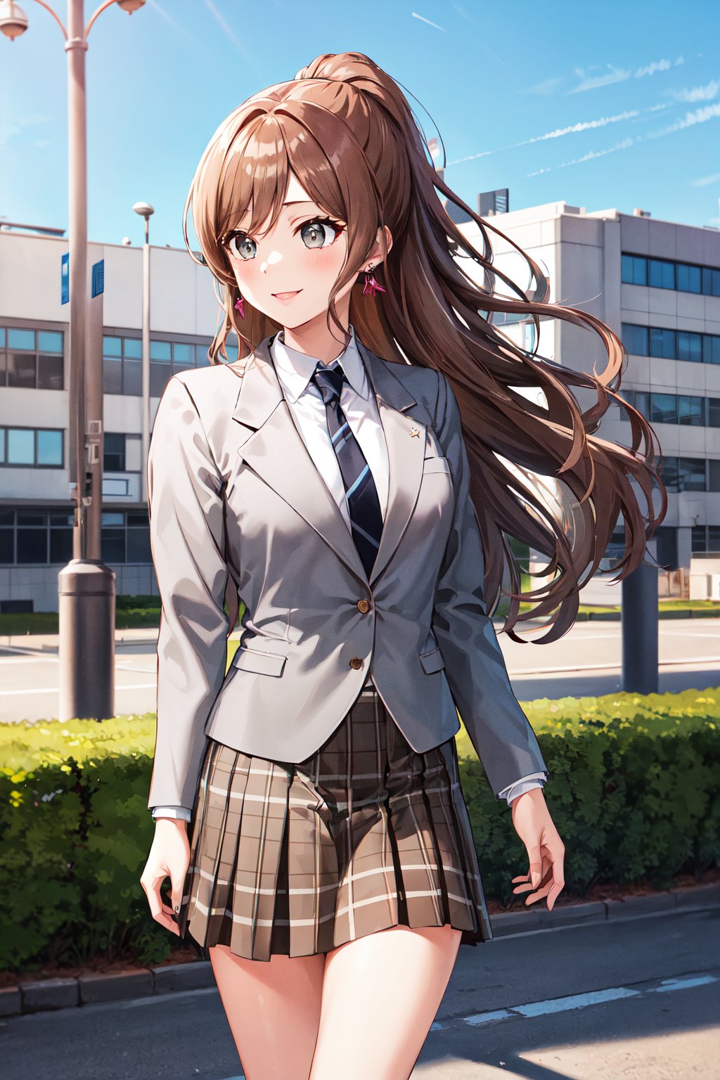 masterpiece, best quality, highres, aalisa, long hair, ponytail, grey eyes, earrings, school uniform, striped necktie, brown necktie, collared shirt, grey jacket, blazer, long sleeves, plaid skirt, pleated skirt, brown skirt, <lora:imai_lisa_v1.1:0.7>, outdoors, standing, outdoors, smile, arms at sides,