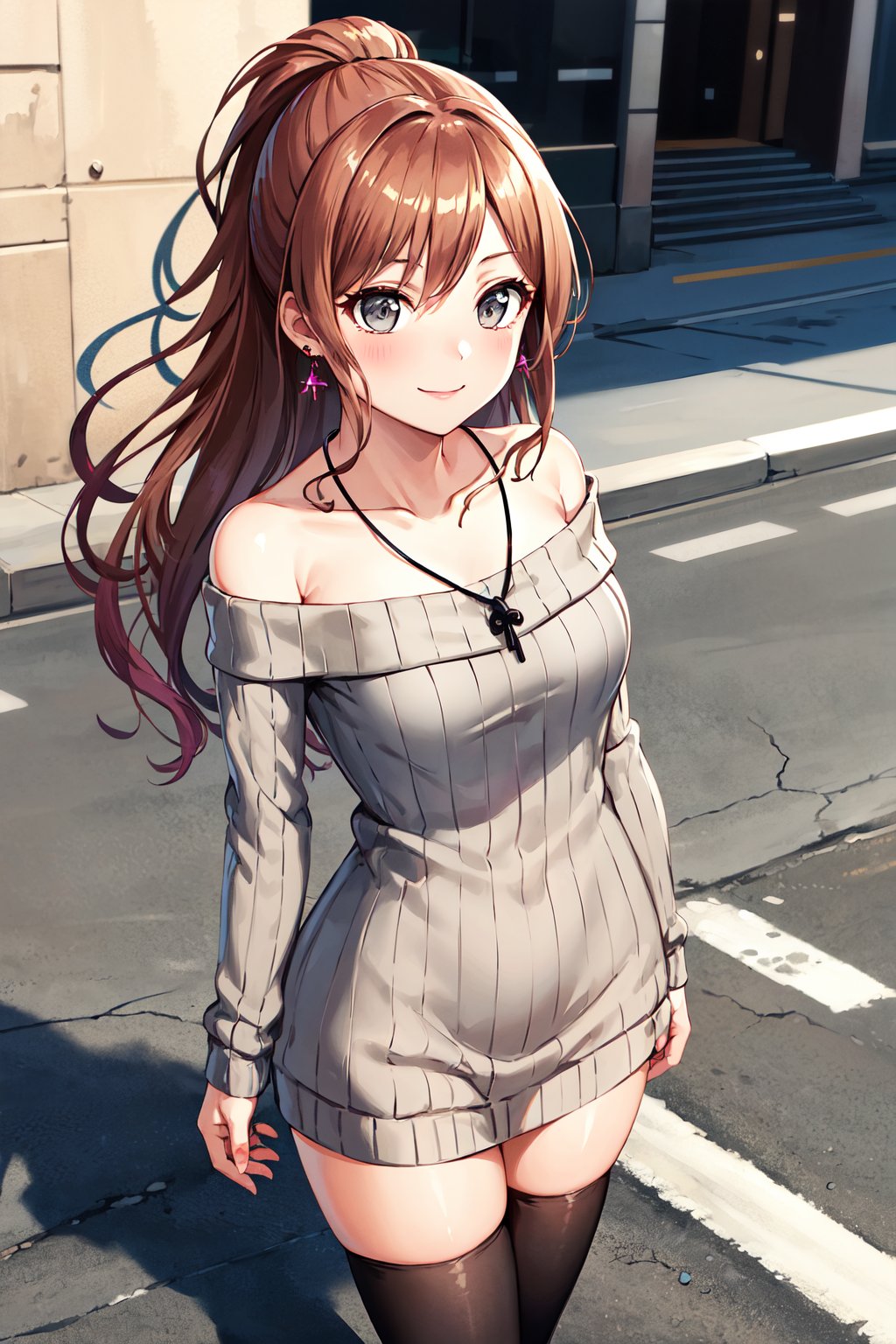 masterpiece, best quality, highres, aalisa, long hair, ponytail, grey eyes, earrings, necklace, collarbone, off shoulder, sweater dress, long sleeves, black thighhighs, <lora:imai_lisa_v1.1:0.7>, street, standing, cowboy shot, smile, arms at sides,