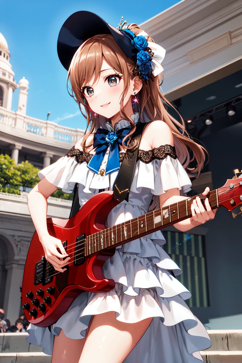 masterpiece, best quality, highres, aalisa, long hair, ponytail, grey eyes, earrings, <lora:imai_lisa_v1.1:0.7>, white dress, layered dress, off shoulder, bowtie, brooch, bonnet, rose, outdoors, stage, blue sky, smile, holding instrument, guitar,