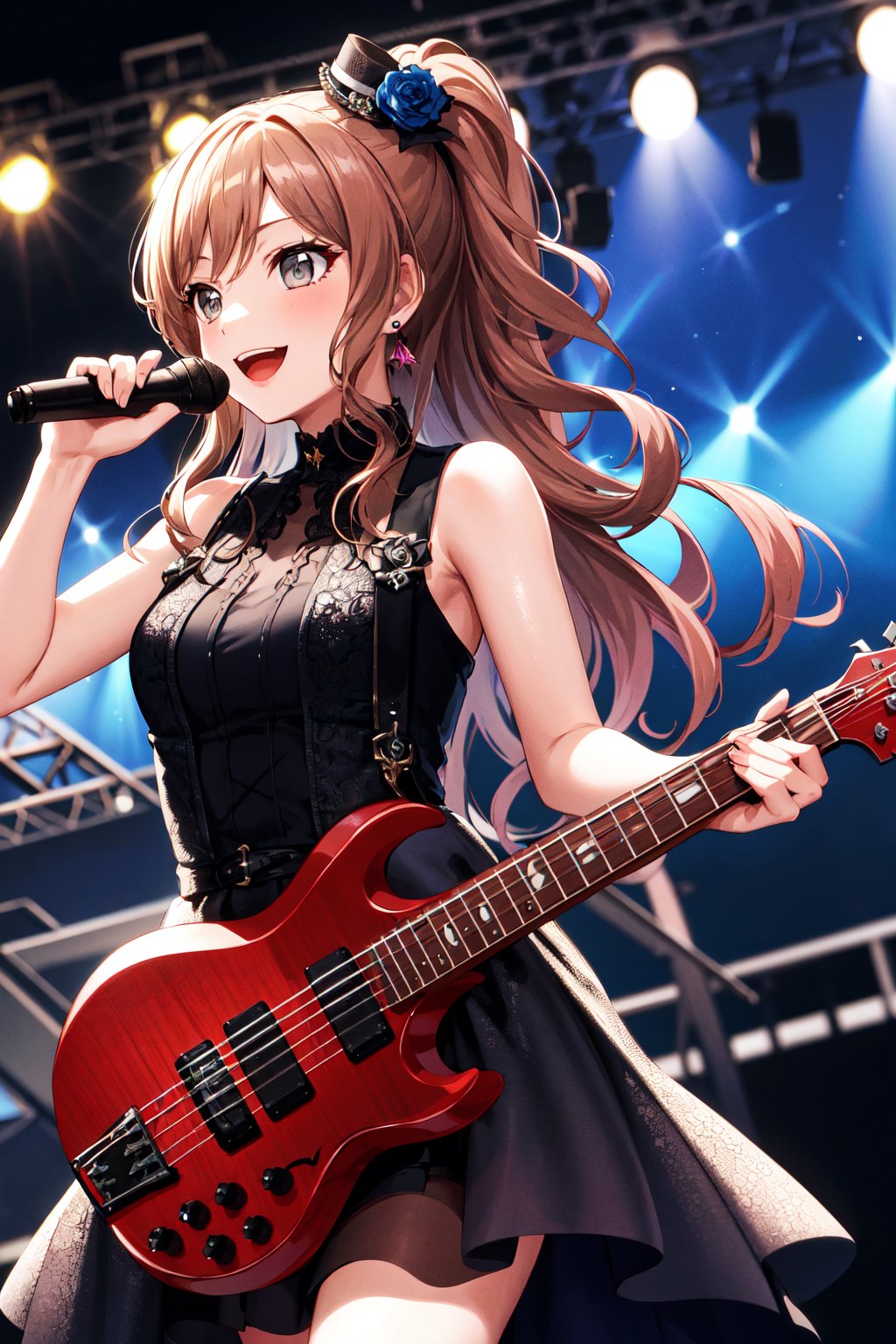 masterpiece, best quality, highres, aalisa, long hair, ponytail, grey eyes, earrings, rose, hair flower, mini hat, sleeveless, frilled dress, black dress, gothic, <lora:imai_lisa_v1.1:0.7>, holding instrument, guitar, stage, smile,