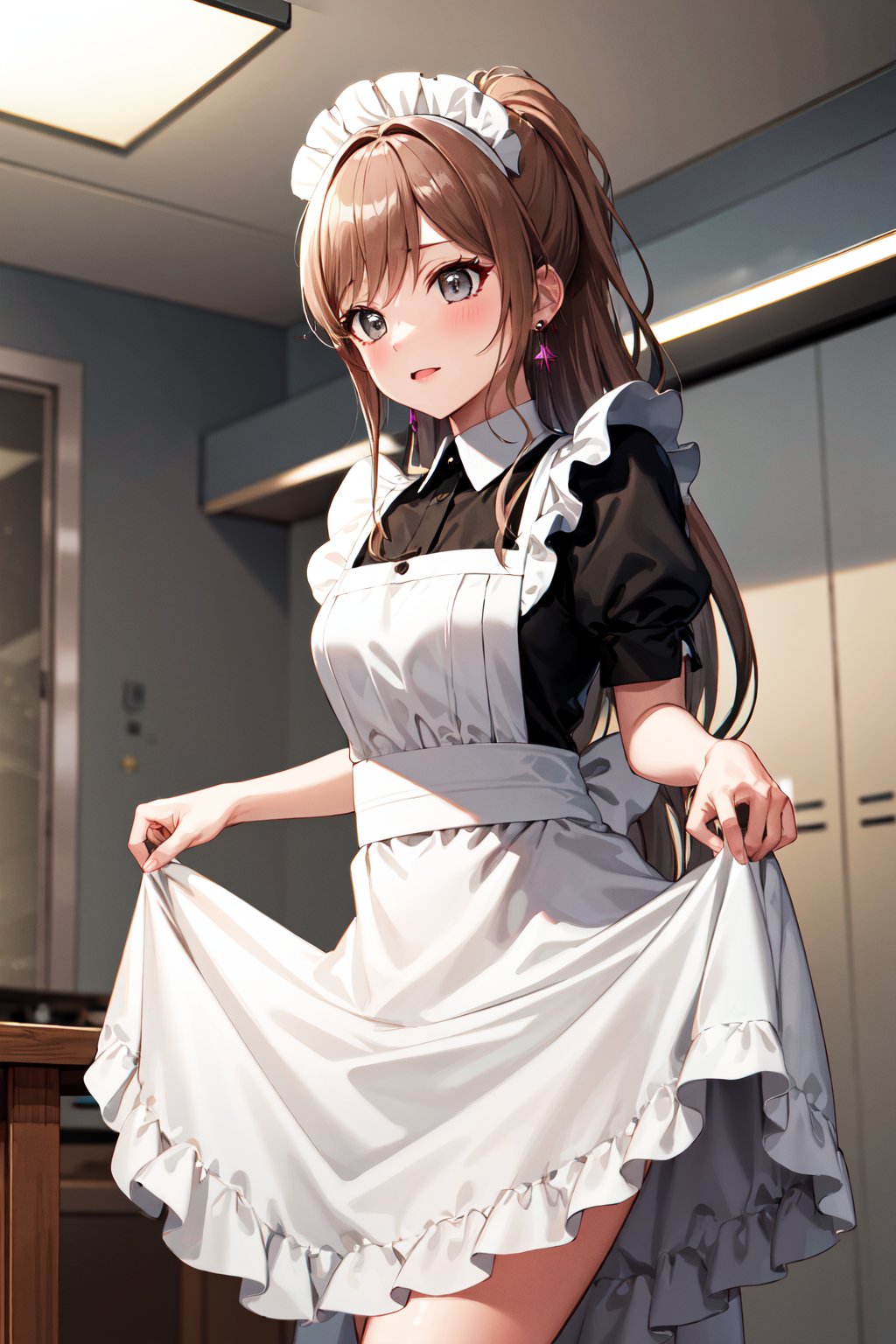 masterpiece, best quality, highres, aalisa, long hair, ponytail, grey eyes, earrings, <lora:imai_lisa_v1.1:0.7>, maid, maid headdress, indoors, standing, skirt hold, 