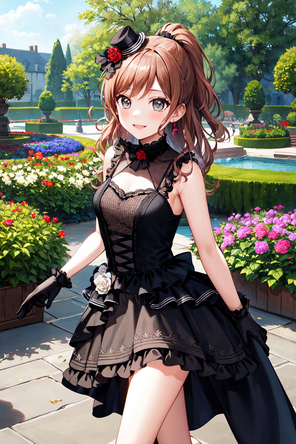 masterpiece, best quality, highres, aalisa, long hair, ponytail, grey eyes, earrings, rose, hair flower, mini hat, sleeveless, frilled dress, black dress, gothic, black gloves, <lora:imai_lisa_v1.1:0.7>, standing, garden, smile,