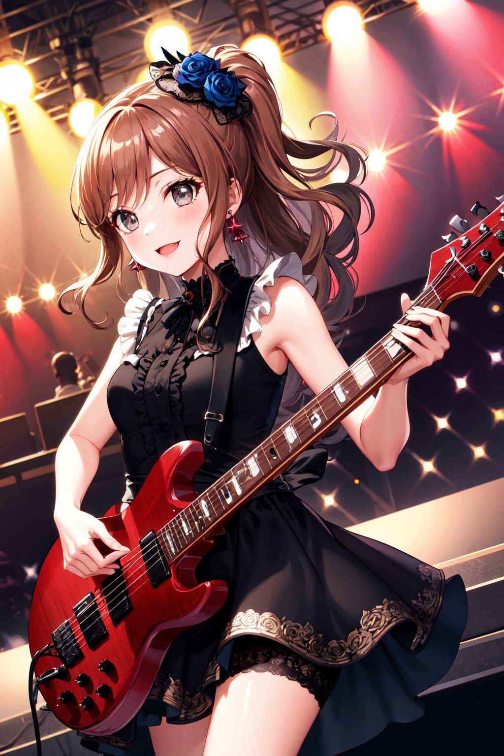 masterpiece, best quality, highres, aalisa, long hair, ponytail, grey eyes, earrings, rose, hair flower, mini hat, sleeveless, frilled dress, black dress, gothic, <lora:imai_lisa_v1.1:0.7>, holding instrument, guitar, stage, smile,