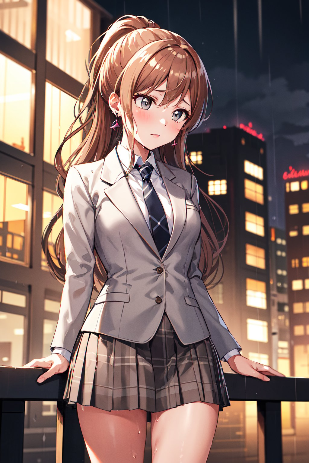 masterpiece, best quality, highres, aalisa, long hair, ponytail, grey eyes, earrings, school uniform, striped necktie, brown necktie, collared shirt, grey jacket, blazer, long sleeves, plaid skirt, pleated skirt, brown skirt, <lora:imai_lisa_v1.1:0.7>, wet, rain, city, night, sad, outdoors