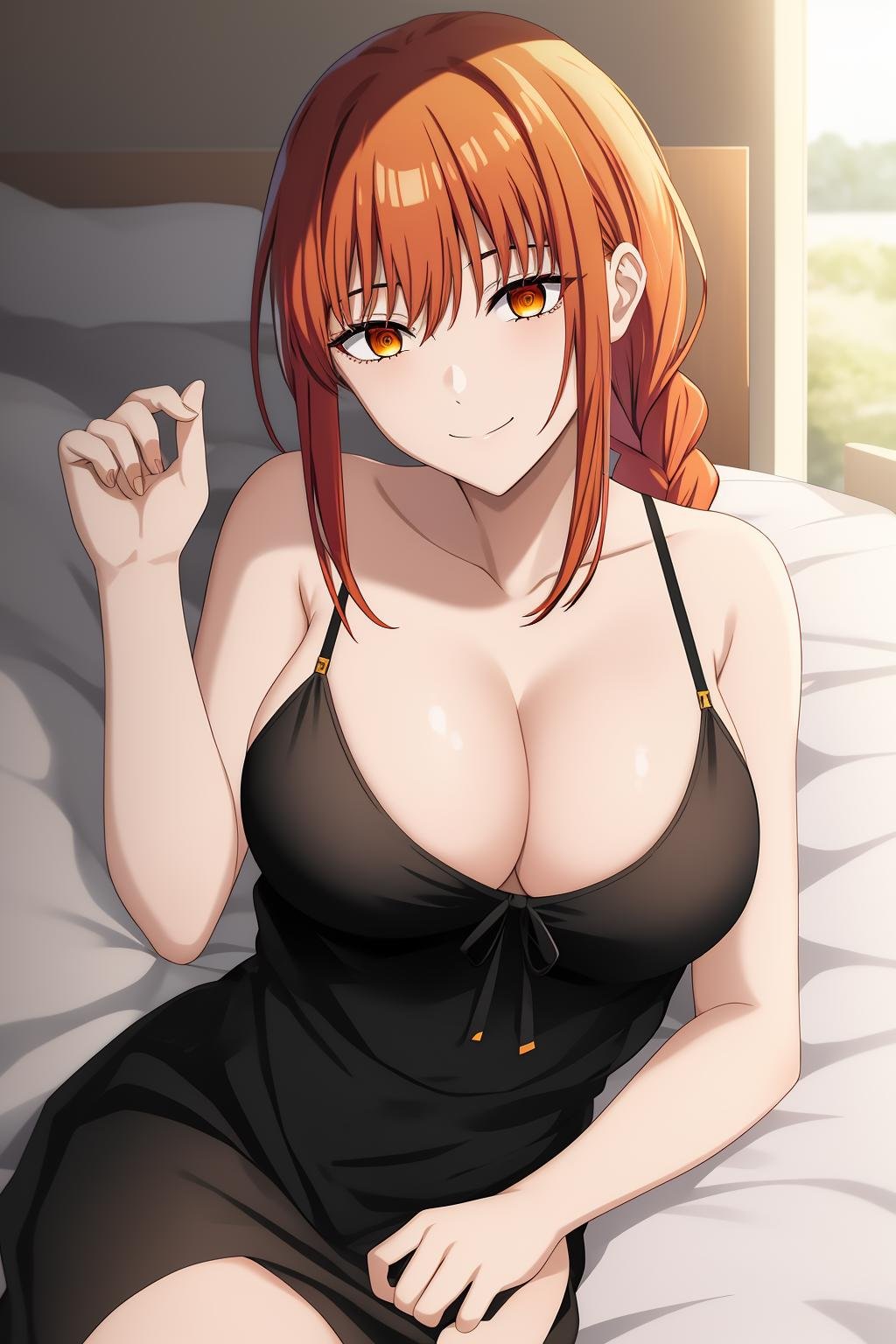 makima, 1girl, solo, long_hair, breasts, smile, bangs, medium_breasts, closed_mouth, yellow_eyes, braid, sidelocks, red_hair, medium_hair, orange_eyes, braided_ponytail, ringed_eyes, bed, lying, black_summer_dress, cleavage